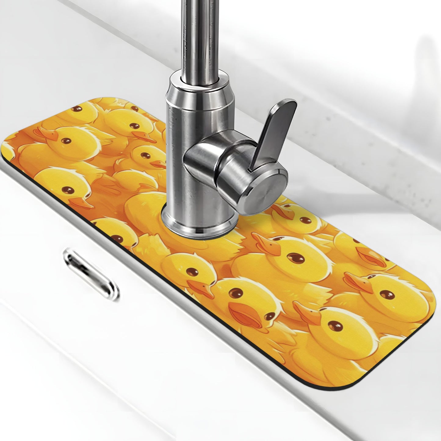 Little Yellow Duck Printed Faucet Absorbent Mat, Cuttable Anti - Slip & Waterproof Sink Mat (Size 15in×5.5in, Hole Diameter 2.5in )