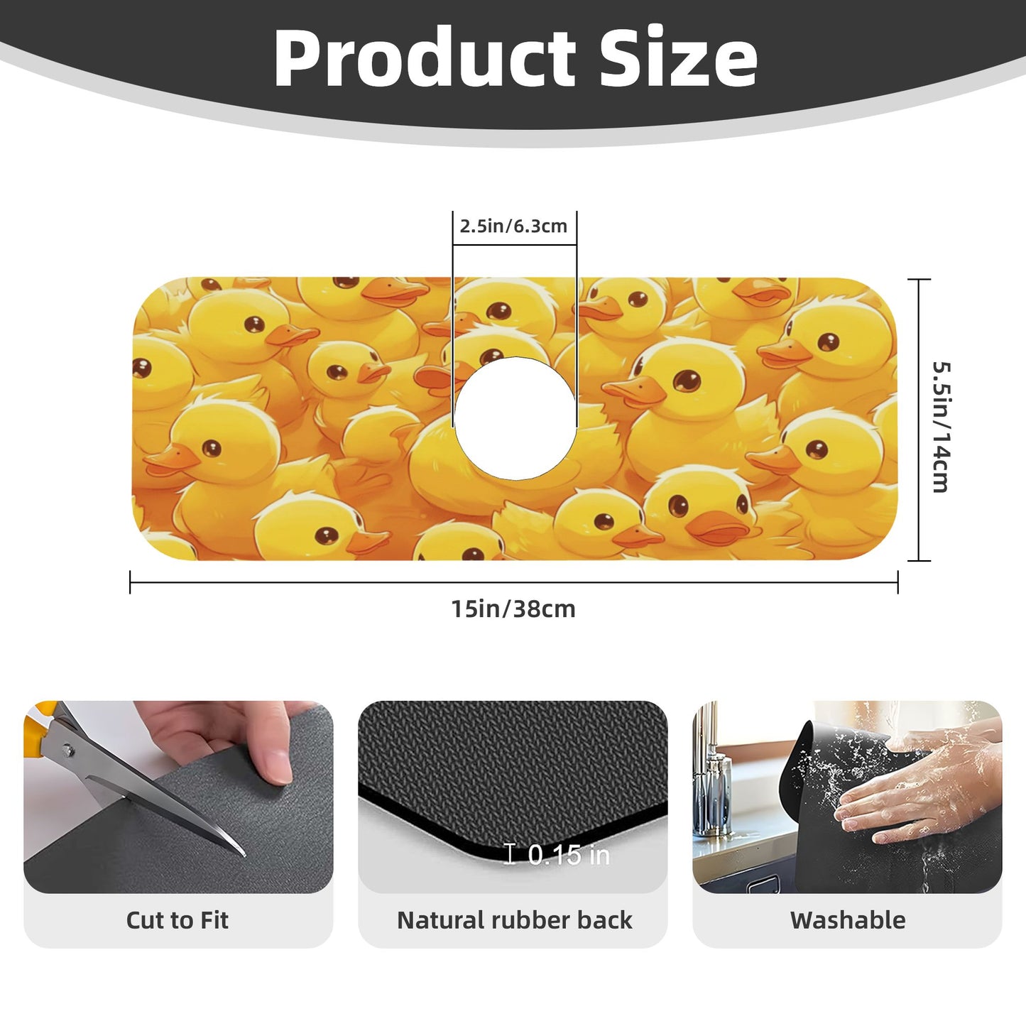 Little Yellow Duck Printed Faucet Absorbent Mat, Cuttable Anti - Slip & Waterproof Sink Mat (Size 15in×5.5in, Hole Diameter 2.5in )