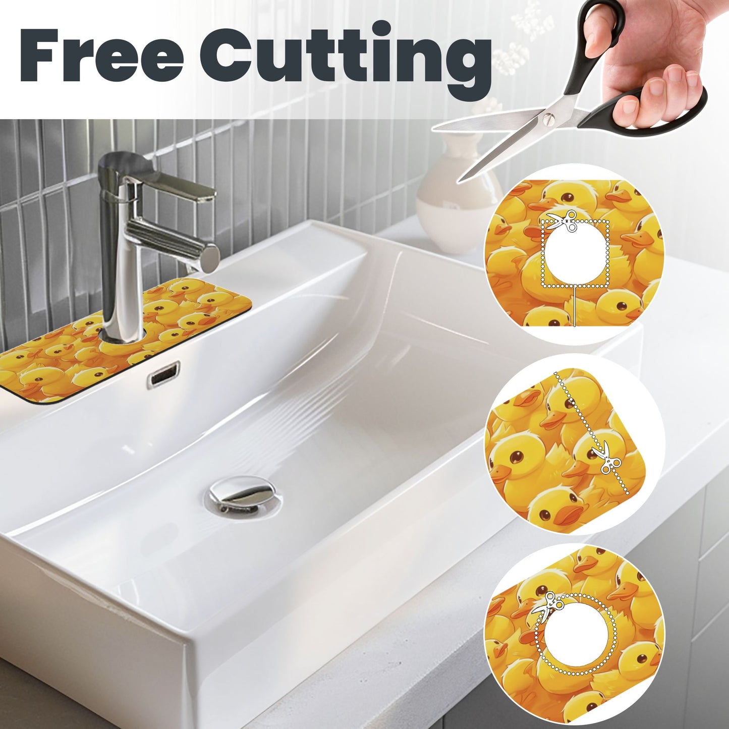 Little Yellow Duck Printed Faucet Absorbent Mat, Cuttable Anti - Slip & Waterproof Sink Mat (Size 15in×5.5in, Hole Diameter 2.5in )
