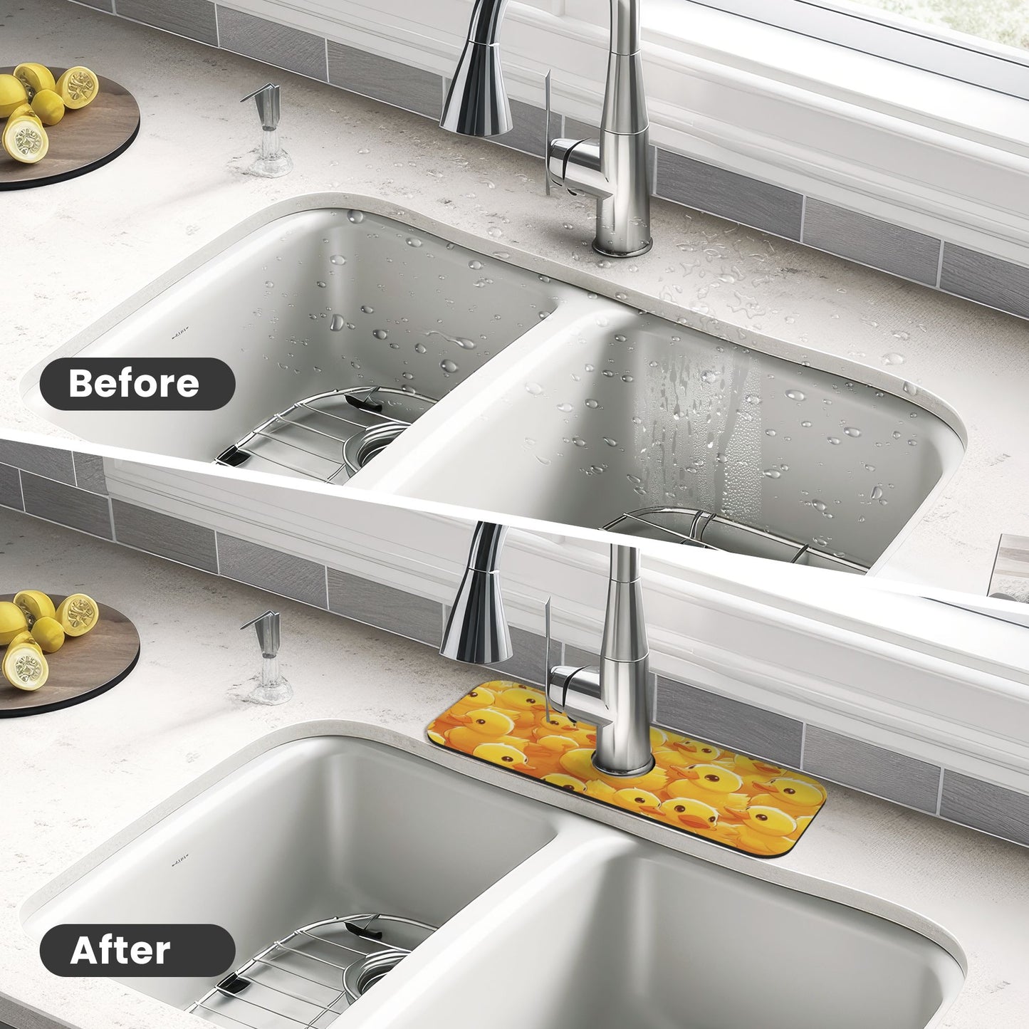 Little Yellow Duck Printed Faucet Absorbent Mat, Cuttable Anti - Slip & Waterproof Sink Mat (Size 15in×5.5in, Hole Diameter 2.5in )