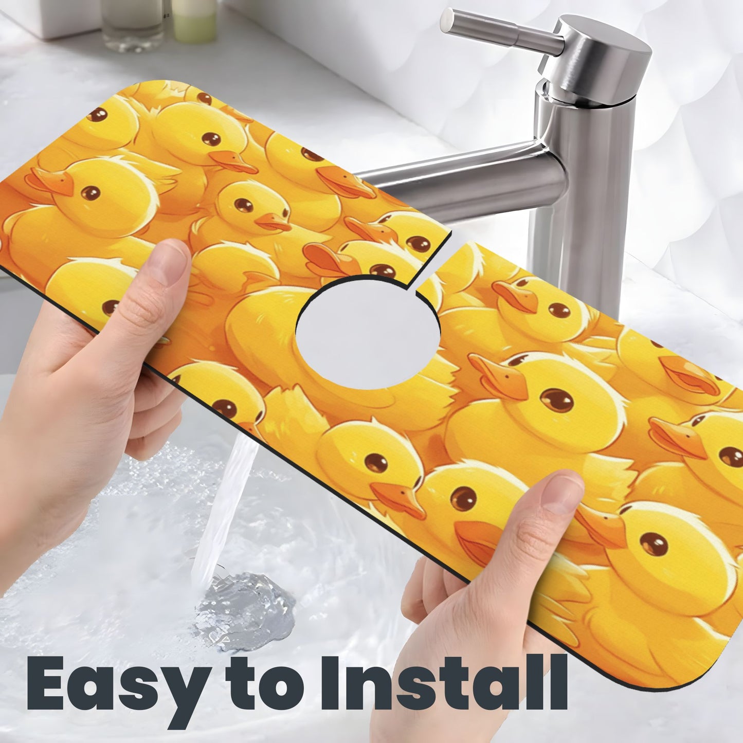 Little Yellow Duck Printed Faucet Absorbent Mat, Cuttable Anti - Slip & Waterproof Sink Mat (Size 15in×5.5in, Hole Diameter 2.5in )