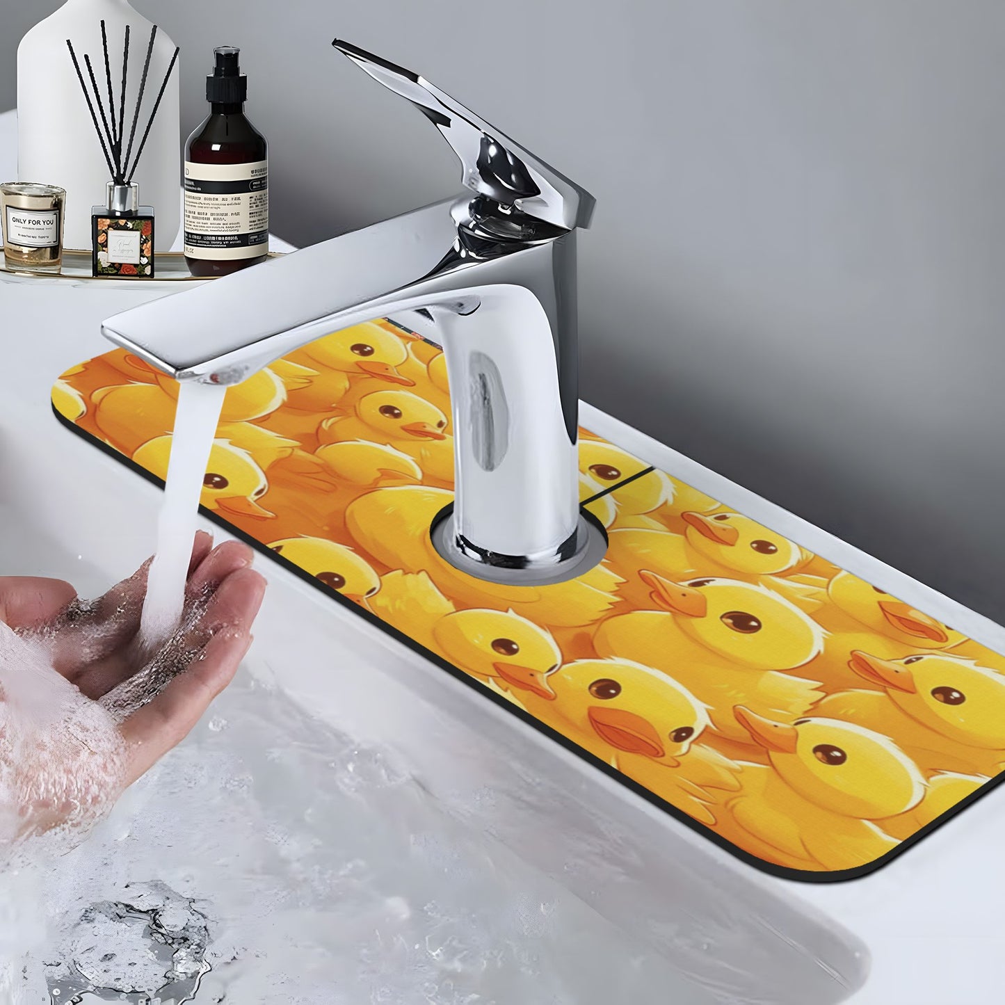 Little Yellow Duck Printed Faucet Absorbent Mat, Cuttable Anti - Slip & Waterproof Sink Mat (Size 15in×5.5in, Hole Diameter 2.5in )