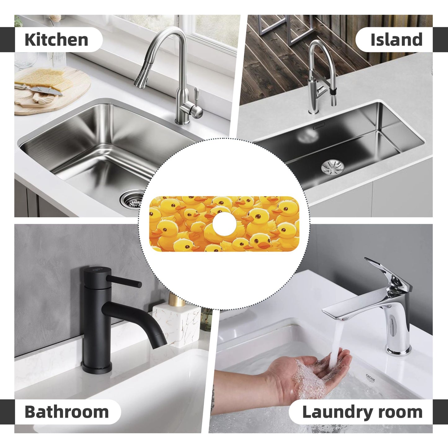Little Yellow Duck Printed Faucet Absorbent Mat, Cuttable Anti - Slip & Waterproof Sink Mat (Size 15in×5.5in, Hole Diameter 2.5in )