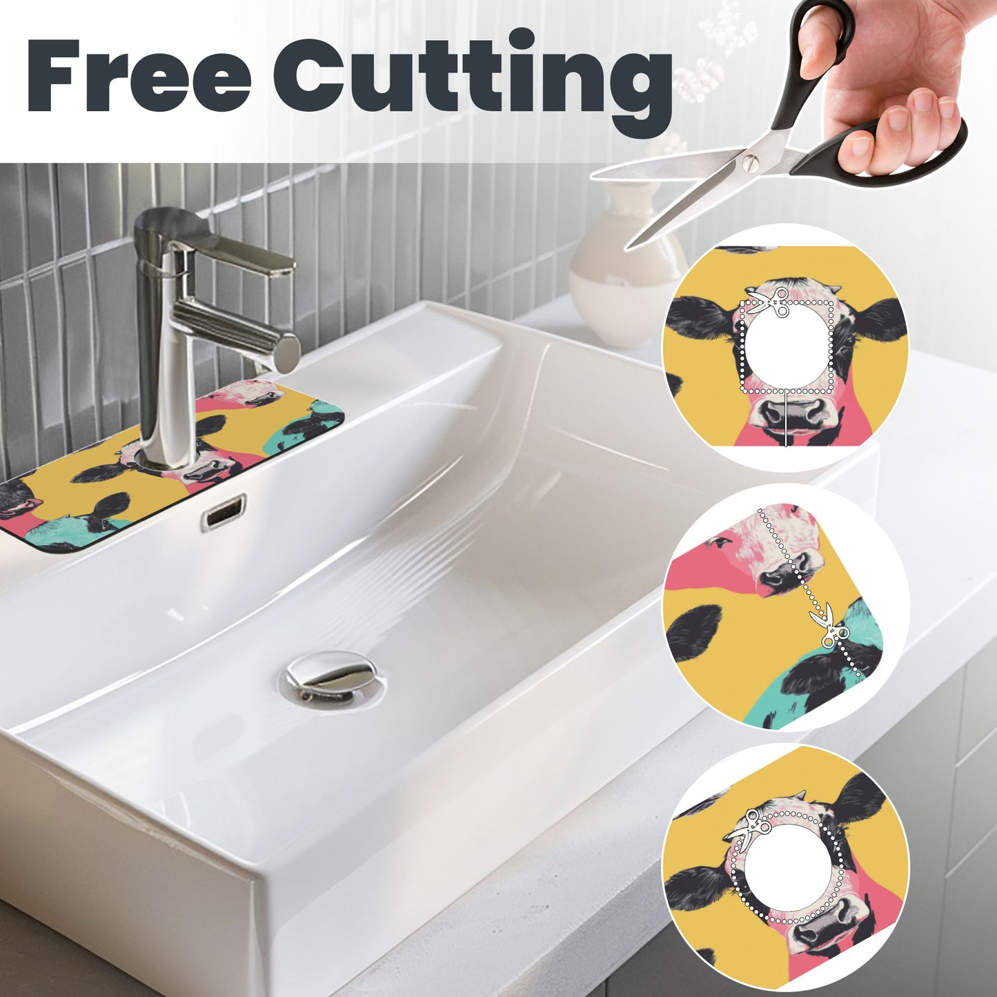 Colorful Cow Printed Faucet Absorbent Mat, Cuttable Anti - Slip & Waterproof Sink Mat (Size 15in×5.5in, Hole Diameter 2.5in )