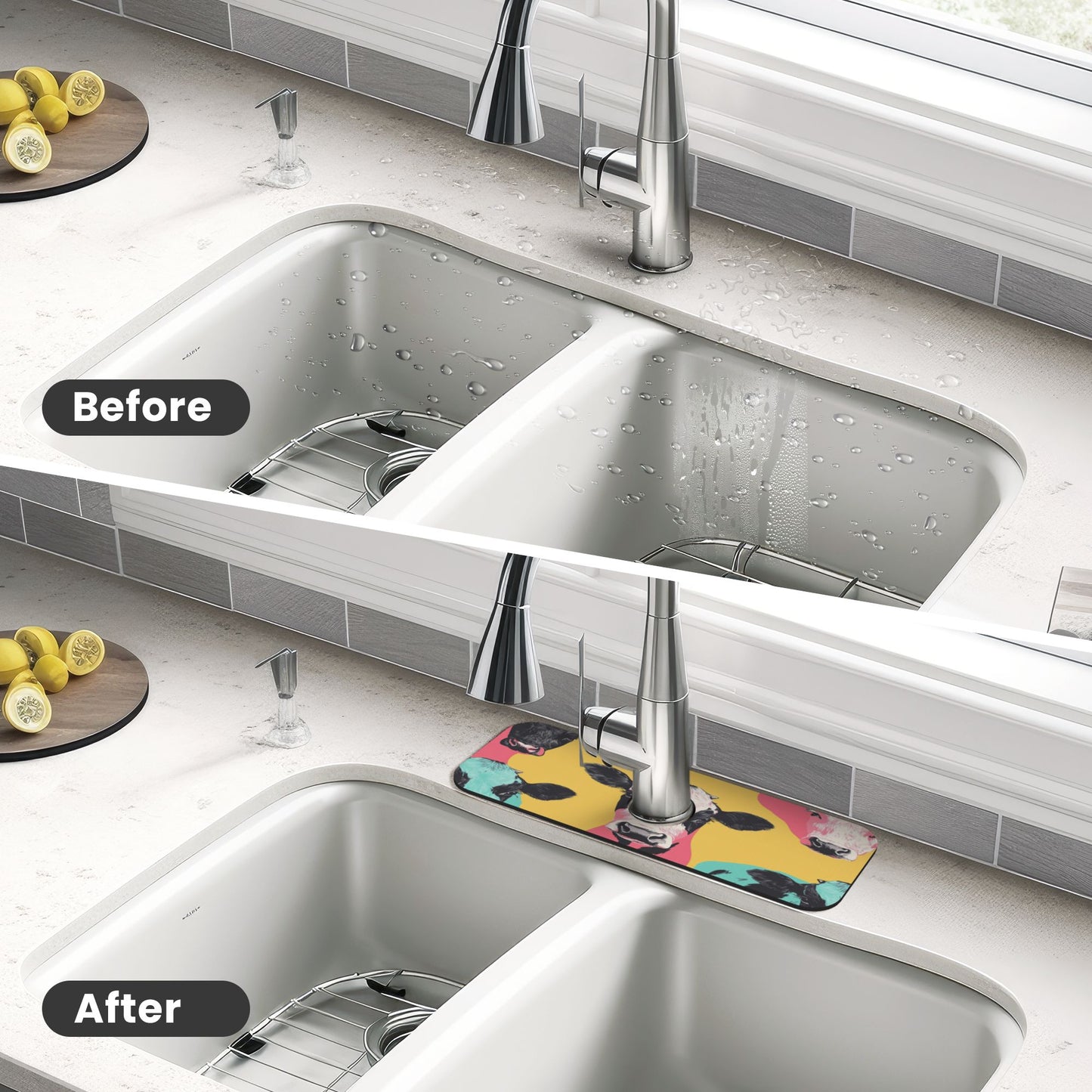 Colorful Cow Printed Faucet Absorbent Mat, Cuttable Anti - Slip & Waterproof Sink Mat (Size 15in×5.5in, Hole Diameter 2.5in )