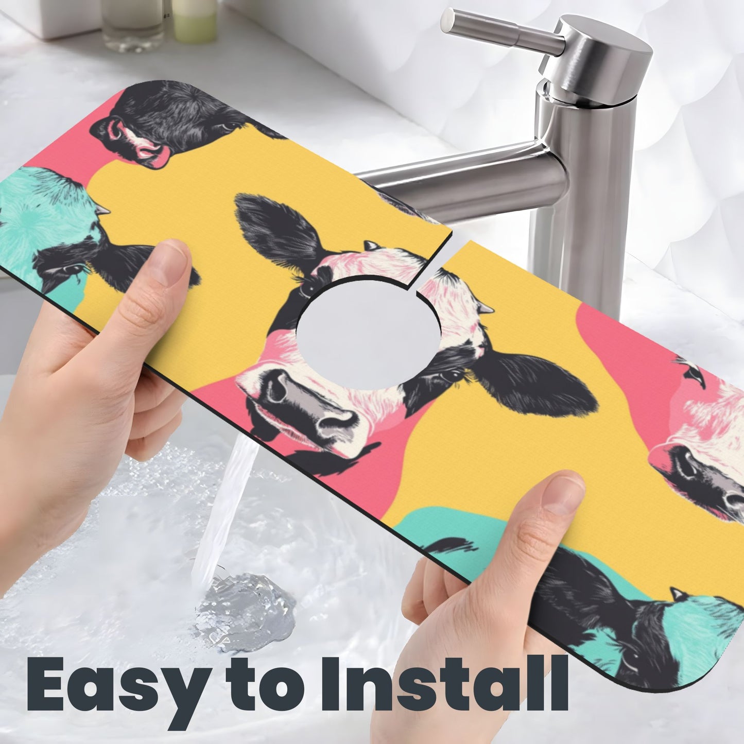 Colorful Cow Printed Faucet Absorbent Mat, Cuttable Anti - Slip & Waterproof Sink Mat (Size 15in×5.5in, Hole Diameter 2.5in )