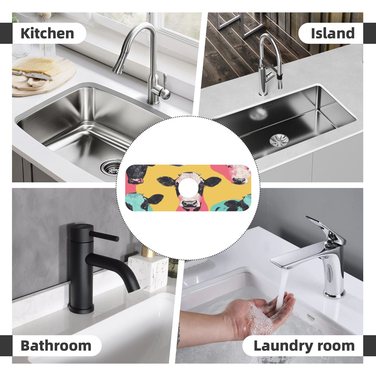 Colorful Cow Printed Faucet Absorbent Mat, Cuttable Anti - Slip & Waterproof Sink Mat (Size 15in×5.5in, Hole Diameter 2.5in )