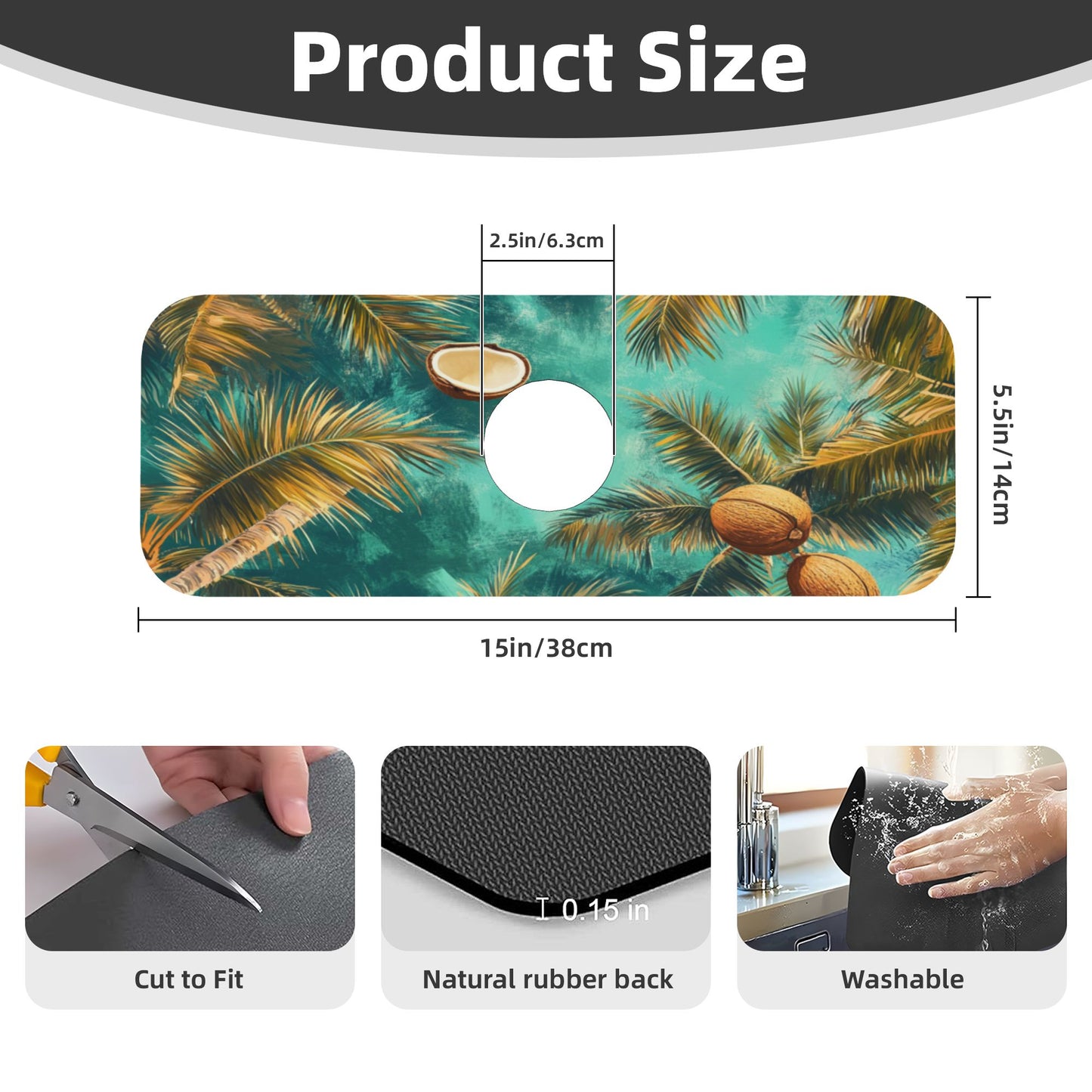 Tropical Coconut Grove Faucet Absorbent Mat, Cuttable Waterproof & Anti - Slip Sink Mat (15in×5.5in, Hole Diameter 2.5in)