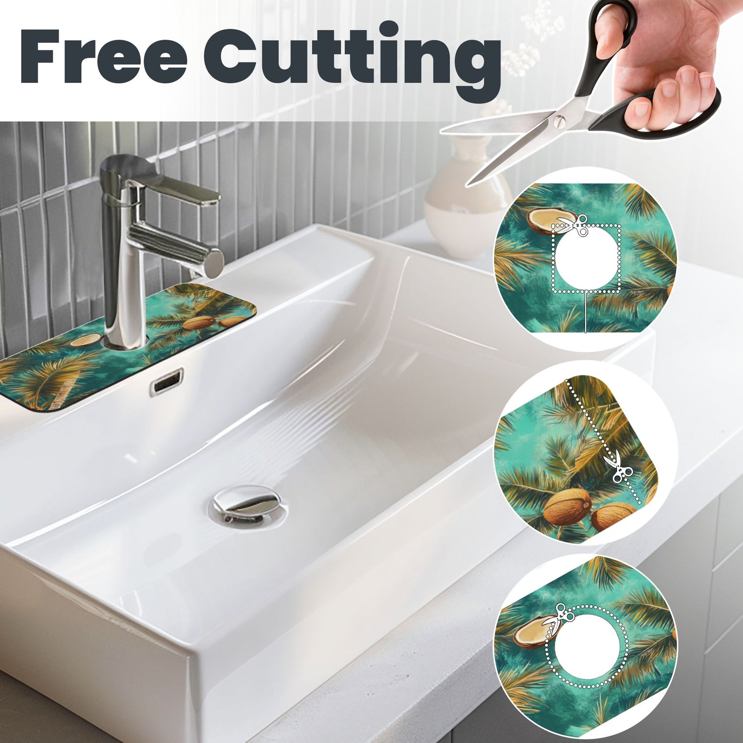 Tropical Coconut Grove Faucet Absorbent Mat, Cuttable Waterproof & Anti - Slip Sink Mat (15in×5.5in, Hole Diameter 2.5in)
