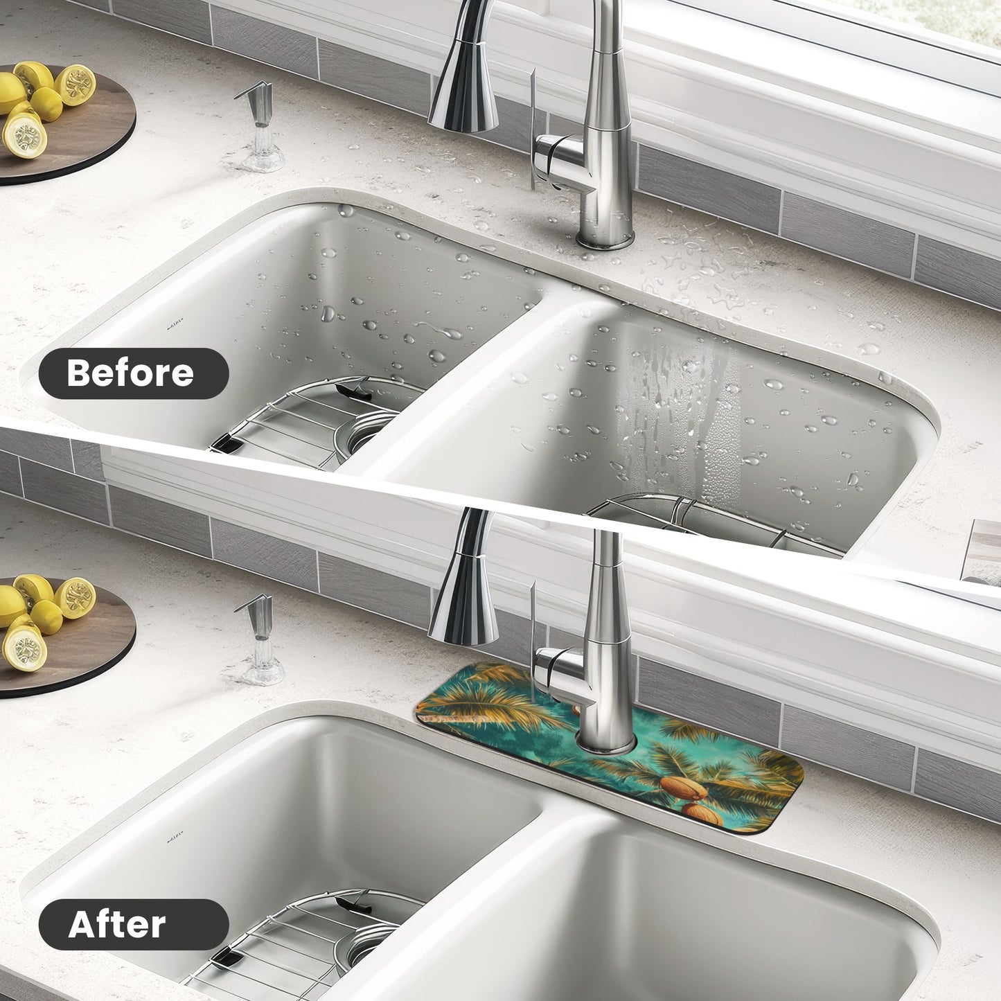 Tropical Coconut Grove Faucet Absorbent Mat, Cuttable Waterproof & Anti - Slip Sink Mat (15in×5.5in, Hole Diameter 2.5in)