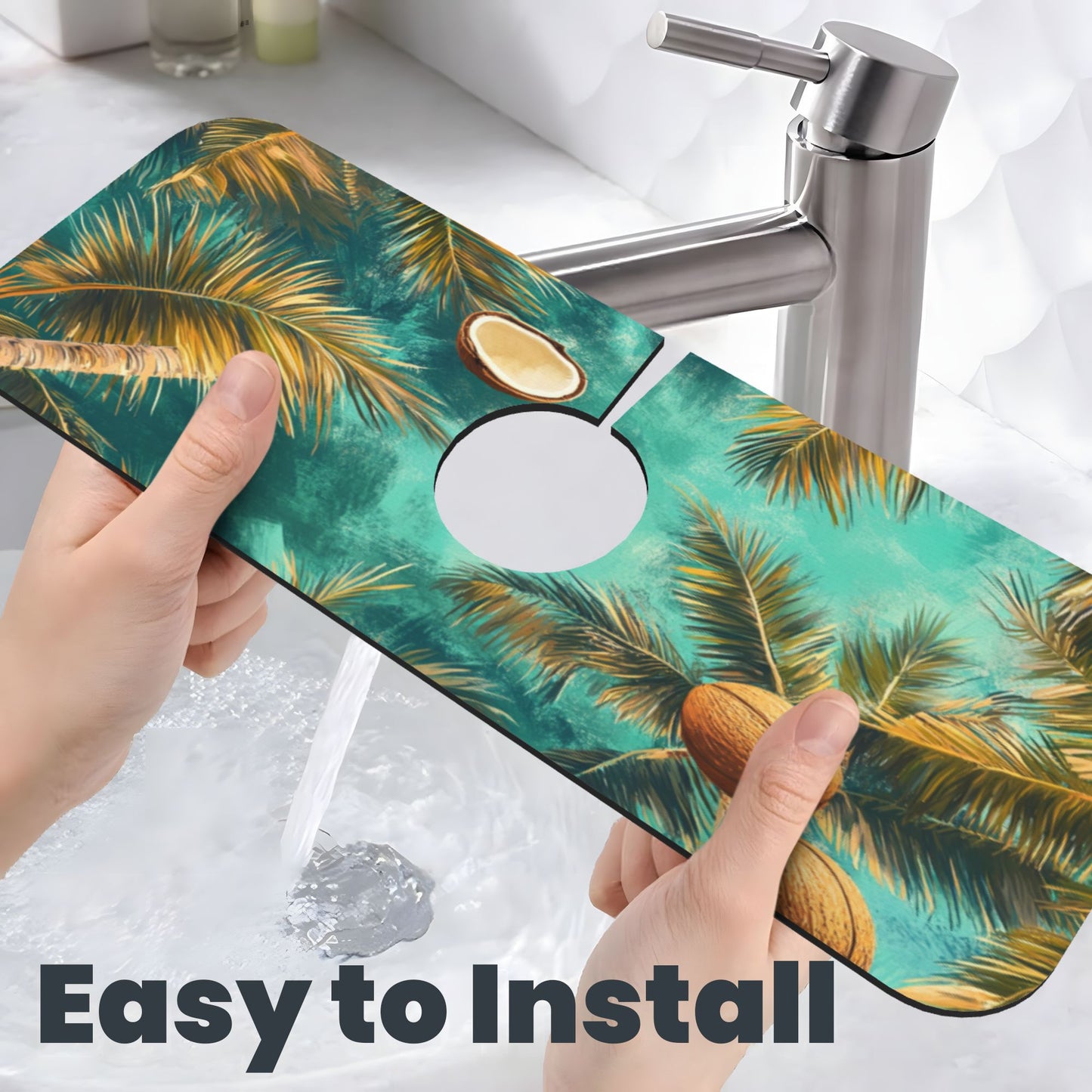 Tropical Coconut Grove Faucet Absorbent Mat, Cuttable Waterproof & Anti - Slip Sink Mat (15in×5.5in, Hole Diameter 2.5in)