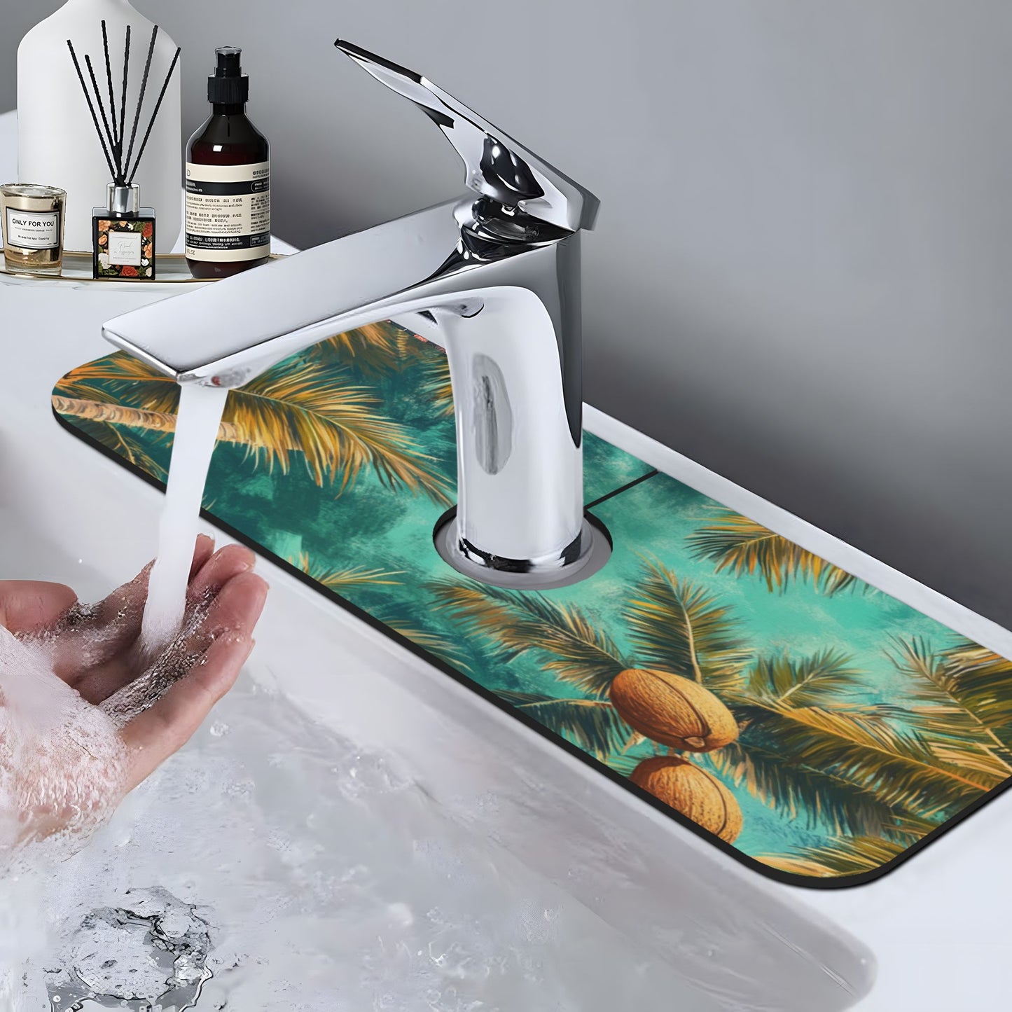 Tropical Coconut Grove Faucet Absorbent Mat, Cuttable Waterproof & Anti - Slip Sink Mat (15in×5.5in, Hole Diameter 2.5in)