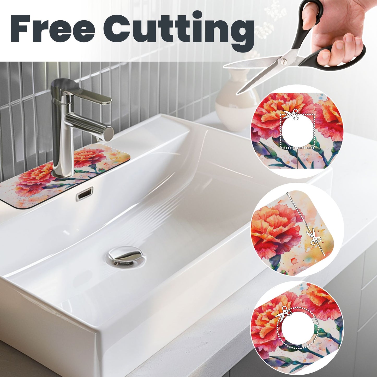 Watercolor Carnation Faucet Absorbent Mat, Cuttable Anti - Slip & Waterproof Sink Mat (Size 15in×5.5in, Hole Diameter 2.5in )