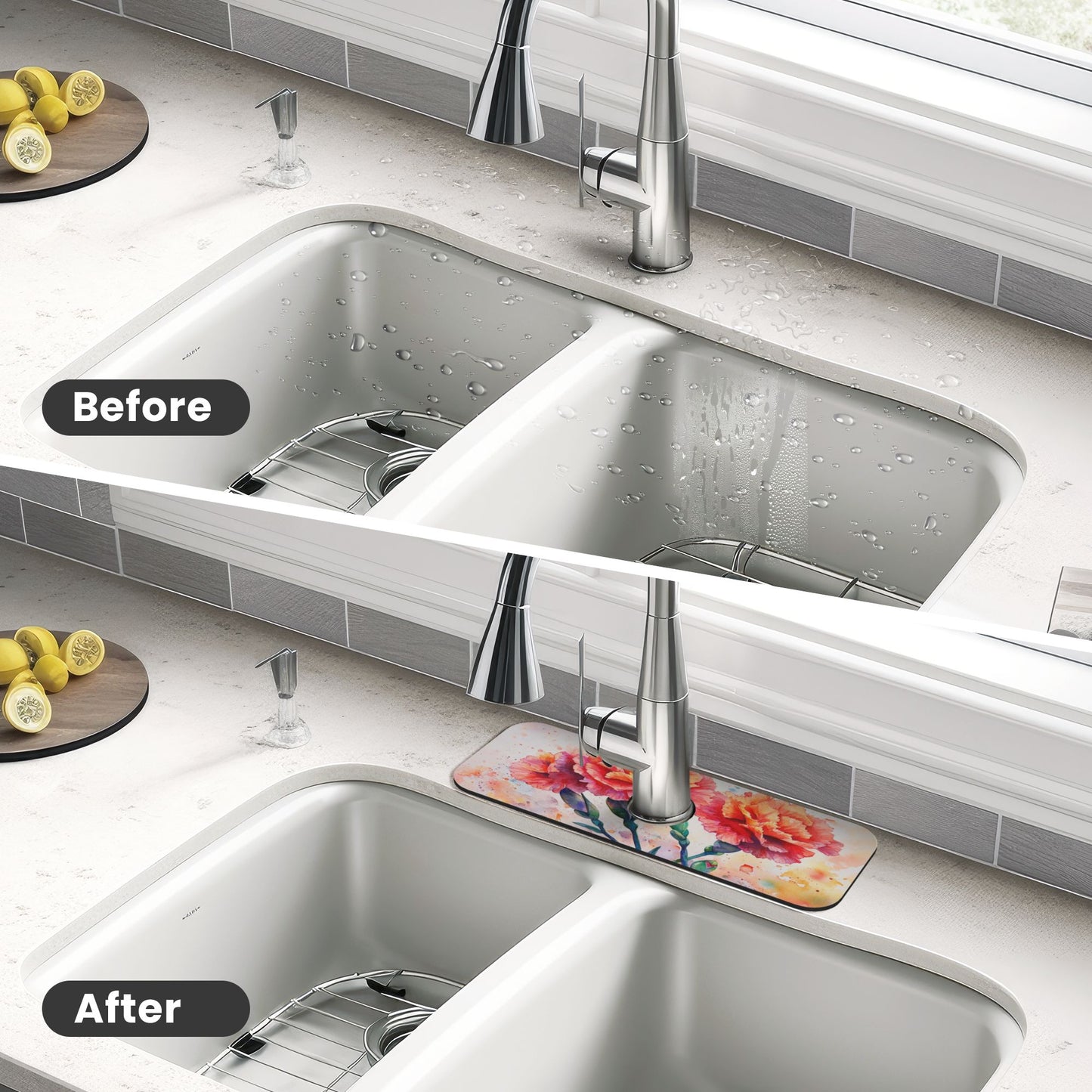 Watercolor Carnation Faucet Absorbent Mat, Cuttable Anti - Slip & Waterproof Sink Mat (Size 15in×5.5in, Hole Diameter 2.5in )