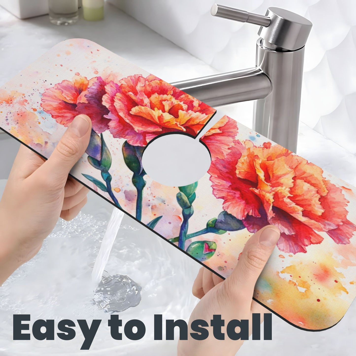 Watercolor Carnation Faucet Absorbent Mat, Cuttable Anti - Slip & Waterproof Sink Mat (Size 15in×5.5in, Hole Diameter 2.5in )