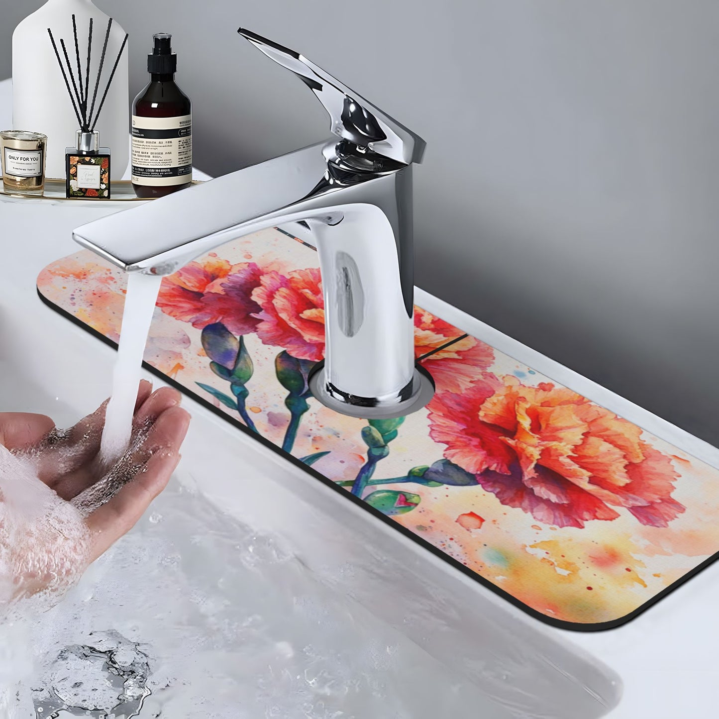 Watercolor Carnation Faucet Absorbent Mat, Cuttable Anti - Slip & Waterproof Sink Mat (Size 15in×5.5in, Hole Diameter 2.5in )