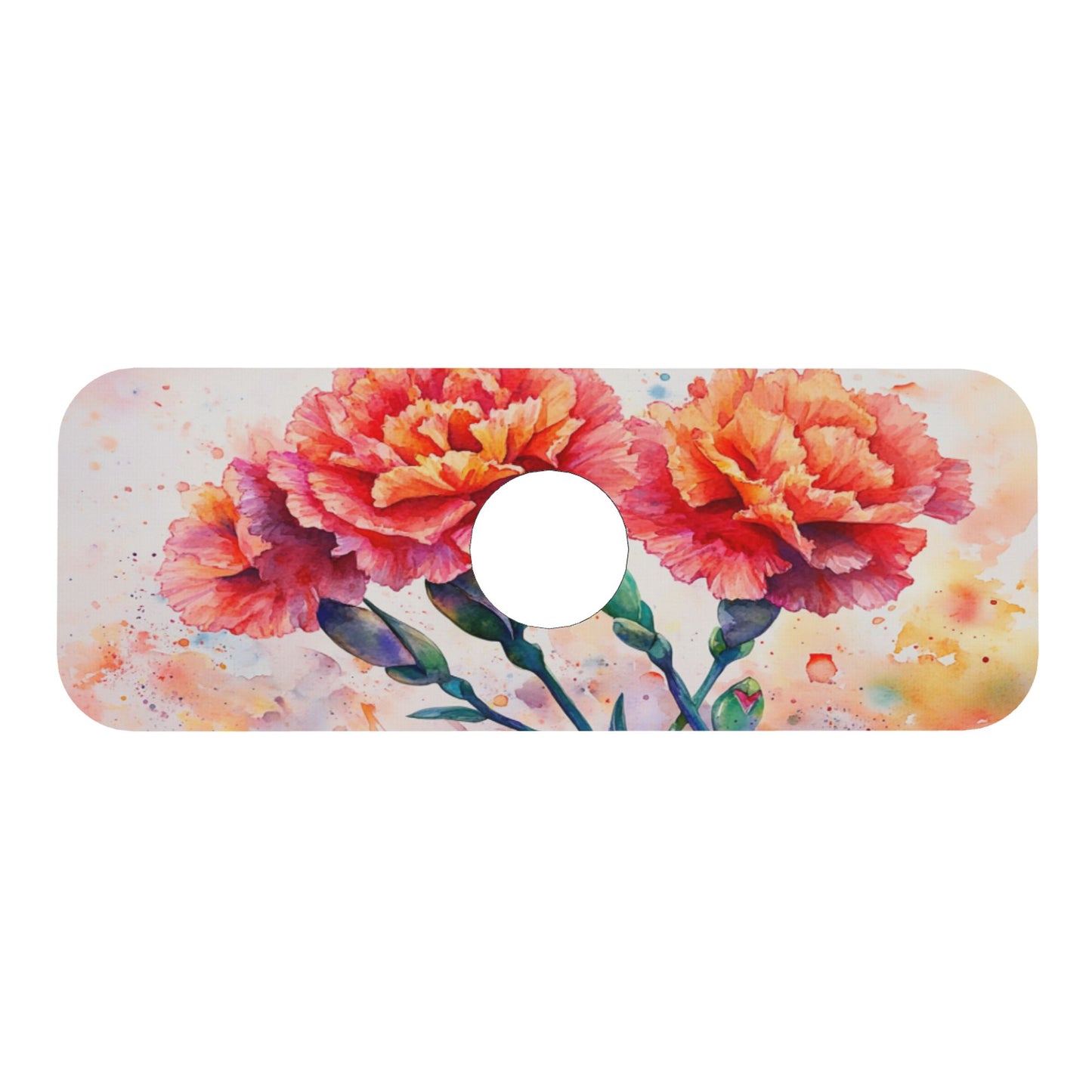 Watercolor Carnation Faucet Absorbent Mat, Cuttable Anti - Slip & Waterproof Sink Mat (Size 15in×5.5in, Hole Diameter 2.5in )