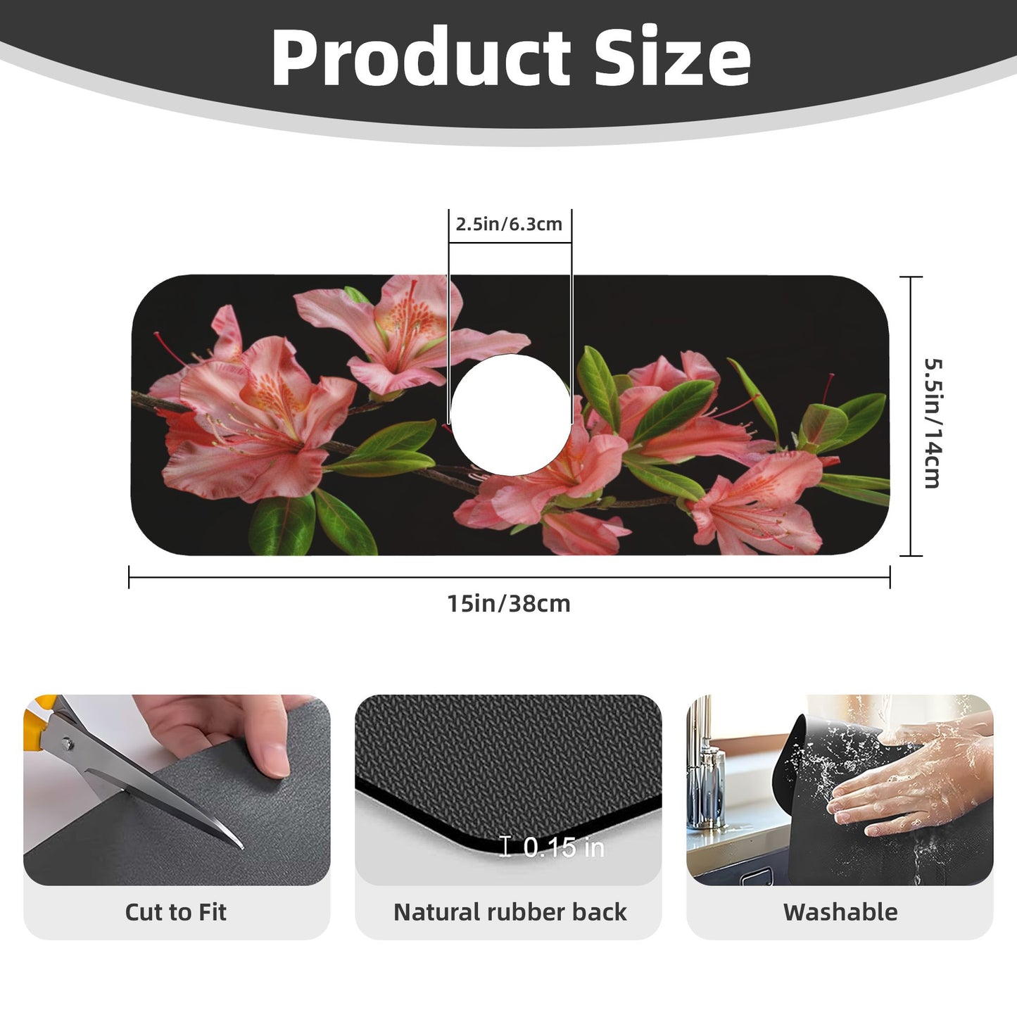 Pink Flowers & Green Leaves Faucet Absorbent Mat, Cuttable Waterproof & Anti - Slip Sink Protector (15in×5.5in, Hole Diameter 2.5in)