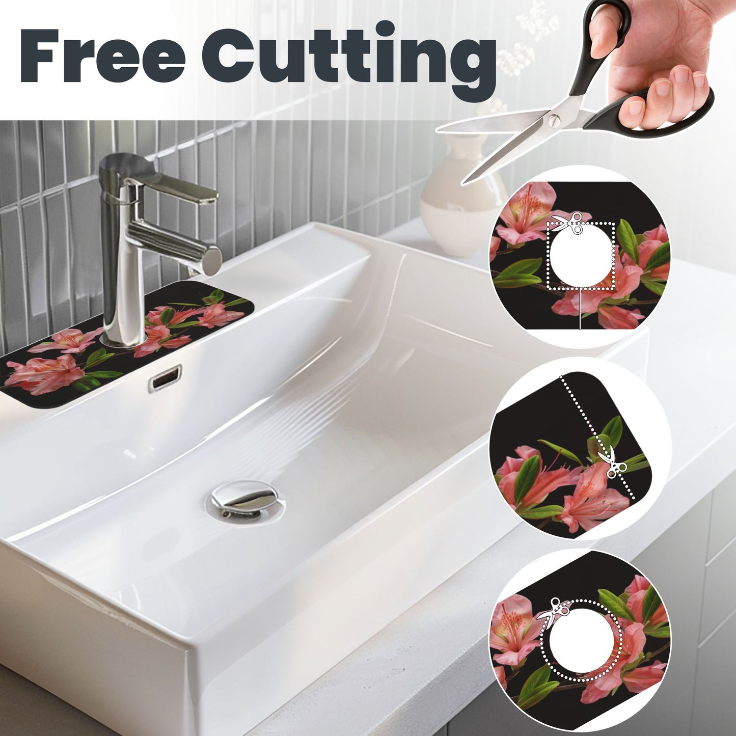 Pink Flowers & Green Leaves Faucet Absorbent Mat, Cuttable Waterproof & Anti - Slip Sink Protector (15in×5.5in, Hole Diameter 2.5in)