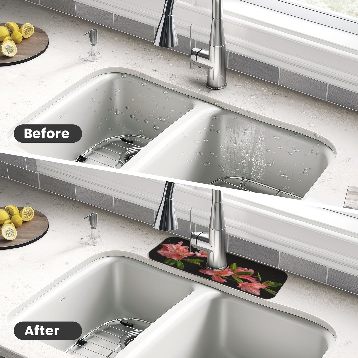 Pink Flowers & Green Leaves Faucet Absorbent Mat, Cuttable Waterproof & Anti - Slip Sink Protector (15in×5.5in, Hole Diameter 2.5in)
