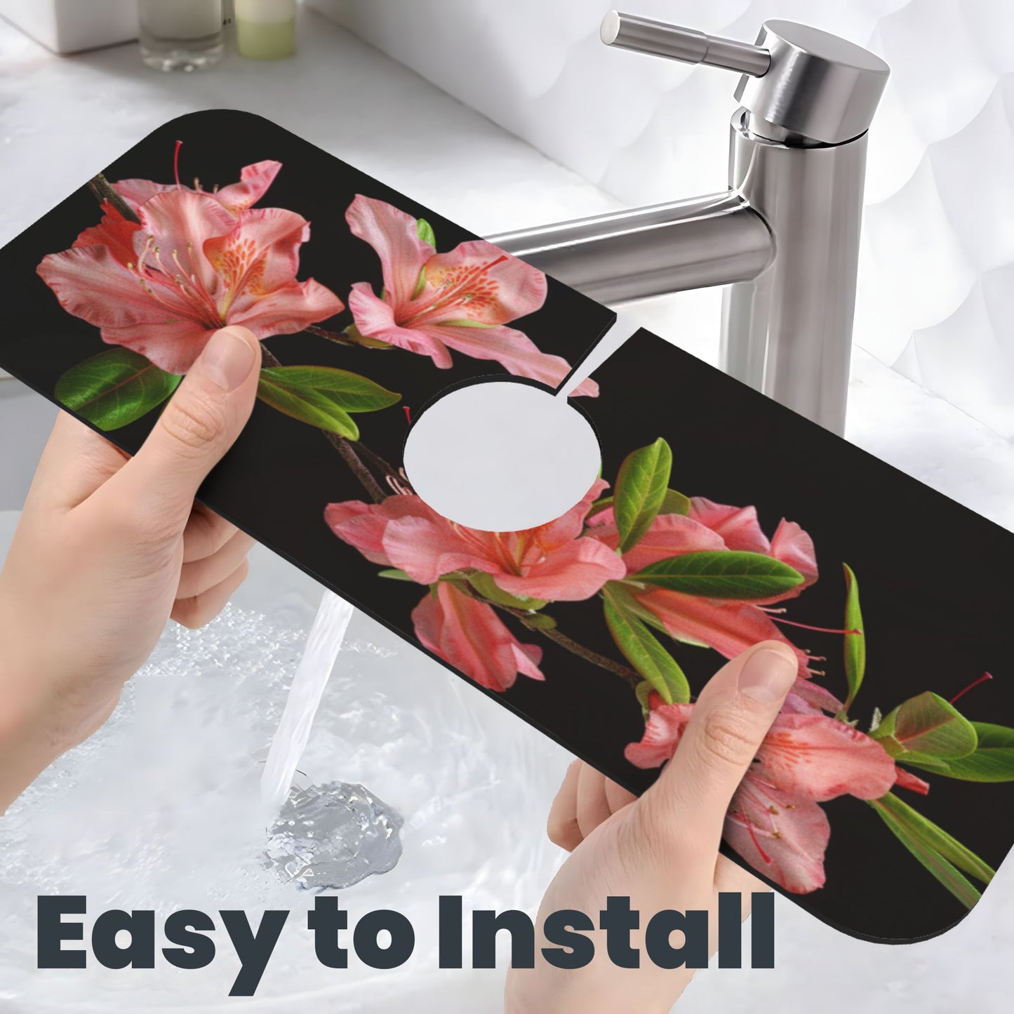 Pink Flowers & Green Leaves Faucet Absorbent Mat, Cuttable Waterproof & Anti - Slip Sink Protector (15in×5.5in, Hole Diameter 2.5in)