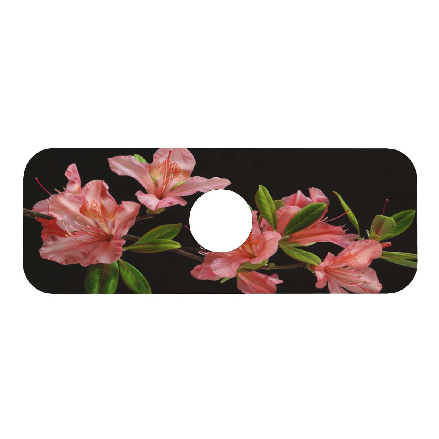 Pink Flowers & Green Leaves Faucet Absorbent Mat, Cuttable Waterproof & Anti - Slip Sink Protector (15in×5.5in, Hole Diameter 2.5in)