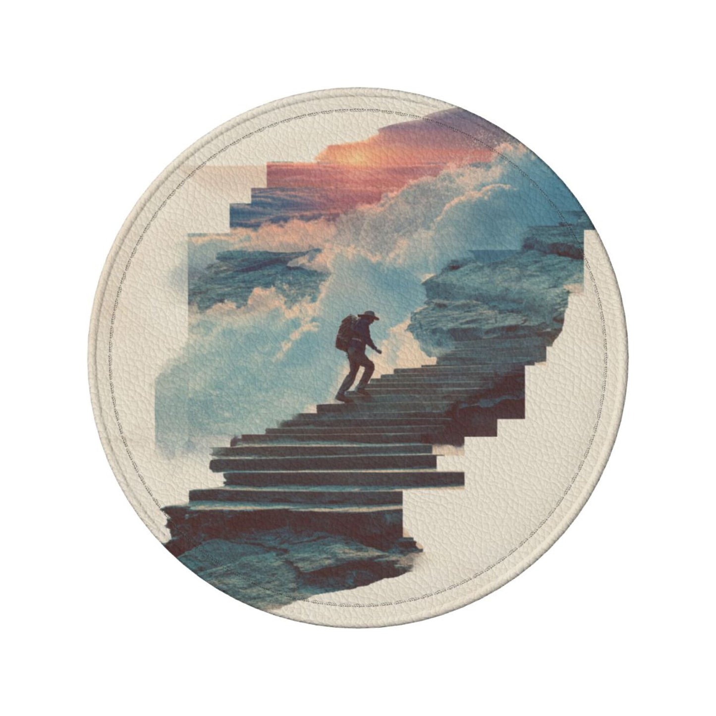 Artistic Landscape Round Leather Coaster Set - Creative Non - Slip Heat - Resistant Pads (With Storage Tray, Diameter 10cm)