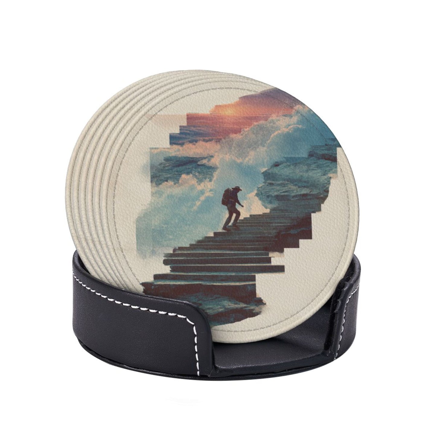 Artistic Landscape Round Leather Coaster Set - Creative Non - Slip Heat - Resistant Pads (With Storage Tray, Diameter 10cm)