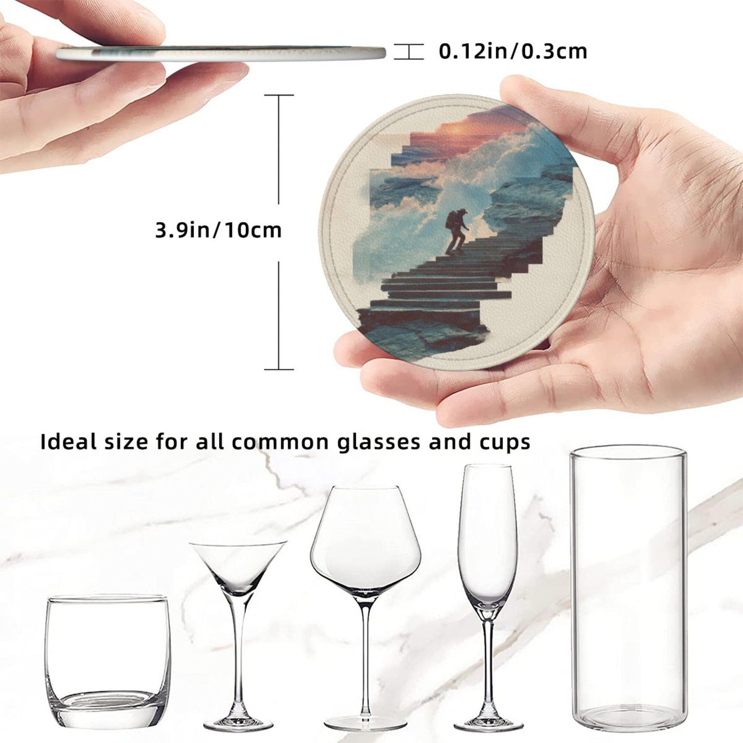 Artistic Landscape Round Leather Coaster Set - Creative Non - Slip Heat - Resistant Pads (With Storage Tray, Diameter 10cm)