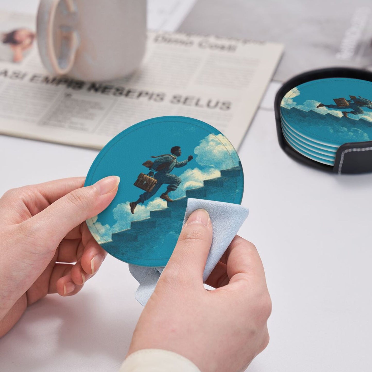 Cloud - Chasing Dream Round Leather Coaster Set - Creative Non - Slip Heat - Resistant Coasters (With Storage Tray, Diameter 10cm)