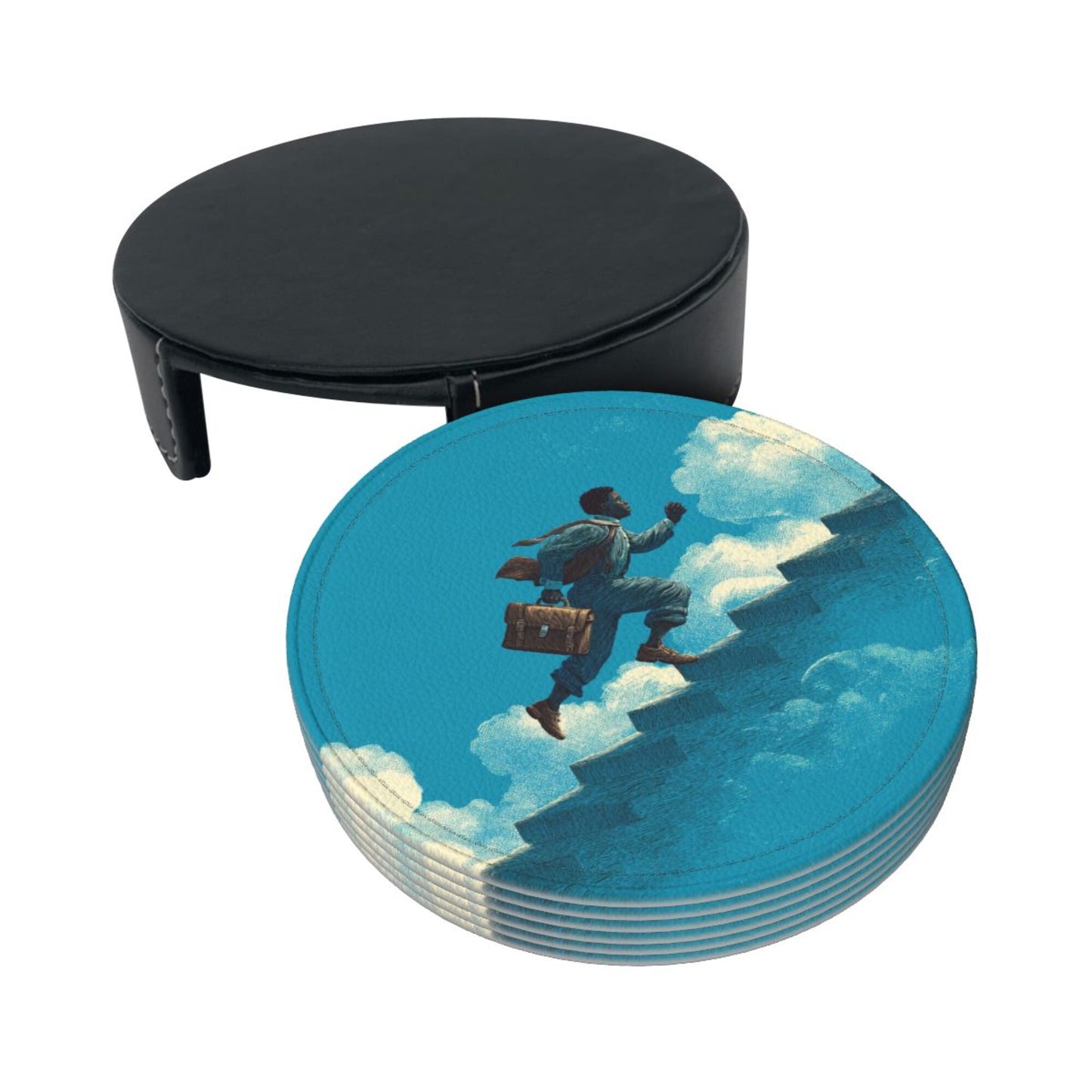 Cloud - Chasing Dream Round Leather Coaster Set - Creative Non - Slip Heat - Resistant Coasters (With Storage Tray, Diameter 10cm)