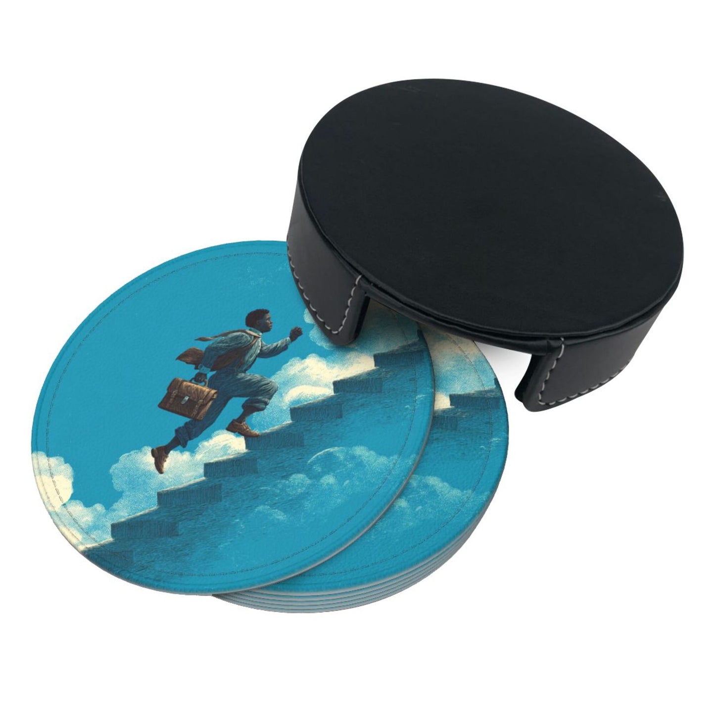 Cloud - Chasing Dream Round Leather Coaster Set - Creative Non - Slip Heat - Resistant Coasters (With Storage Tray, Diameter 10cm)