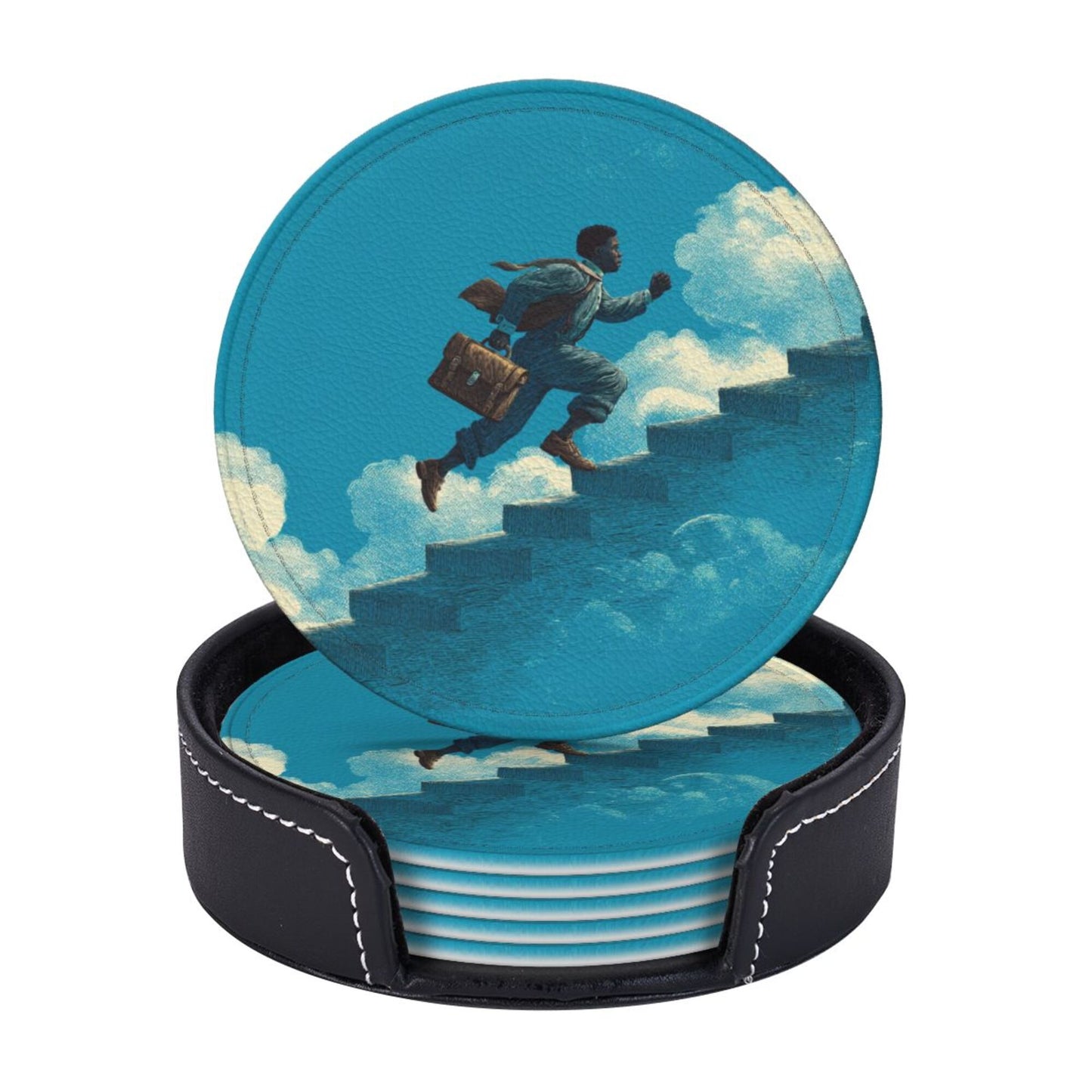 Cloud - Chasing Dream Round Leather Coaster Set - Creative Non - Slip Heat - Resistant Coasters (With Storage Tray, Diameter 10cm)