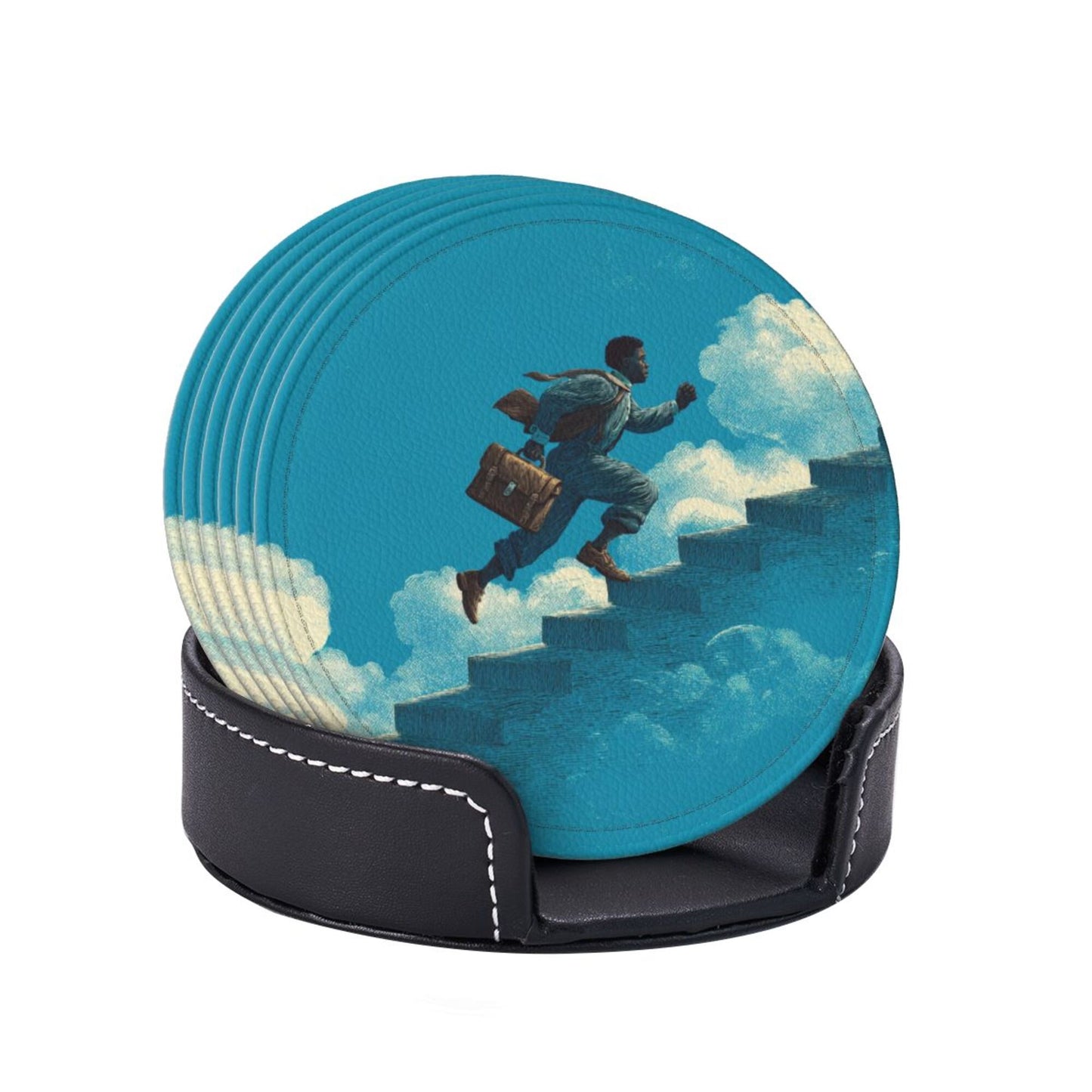Cloud - Chasing Dream Round Leather Coaster Set - Creative Non - Slip Heat - Resistant Coasters (With Storage Tray, Diameter 10cm)