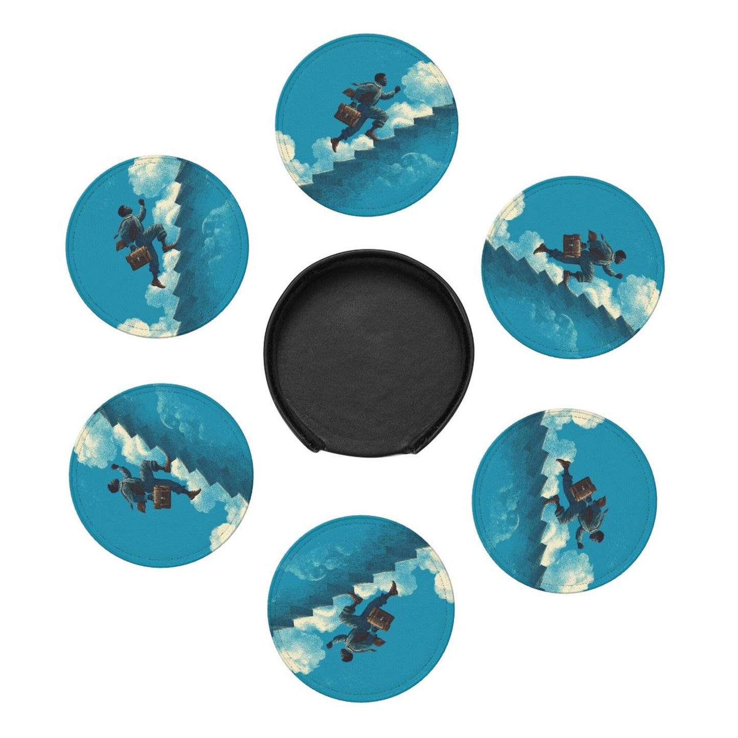 Cloud - Chasing Dream Round Leather Coaster Set - Creative Non - Slip Heat - Resistant Coasters (With Storage Tray, Diameter 10cm)