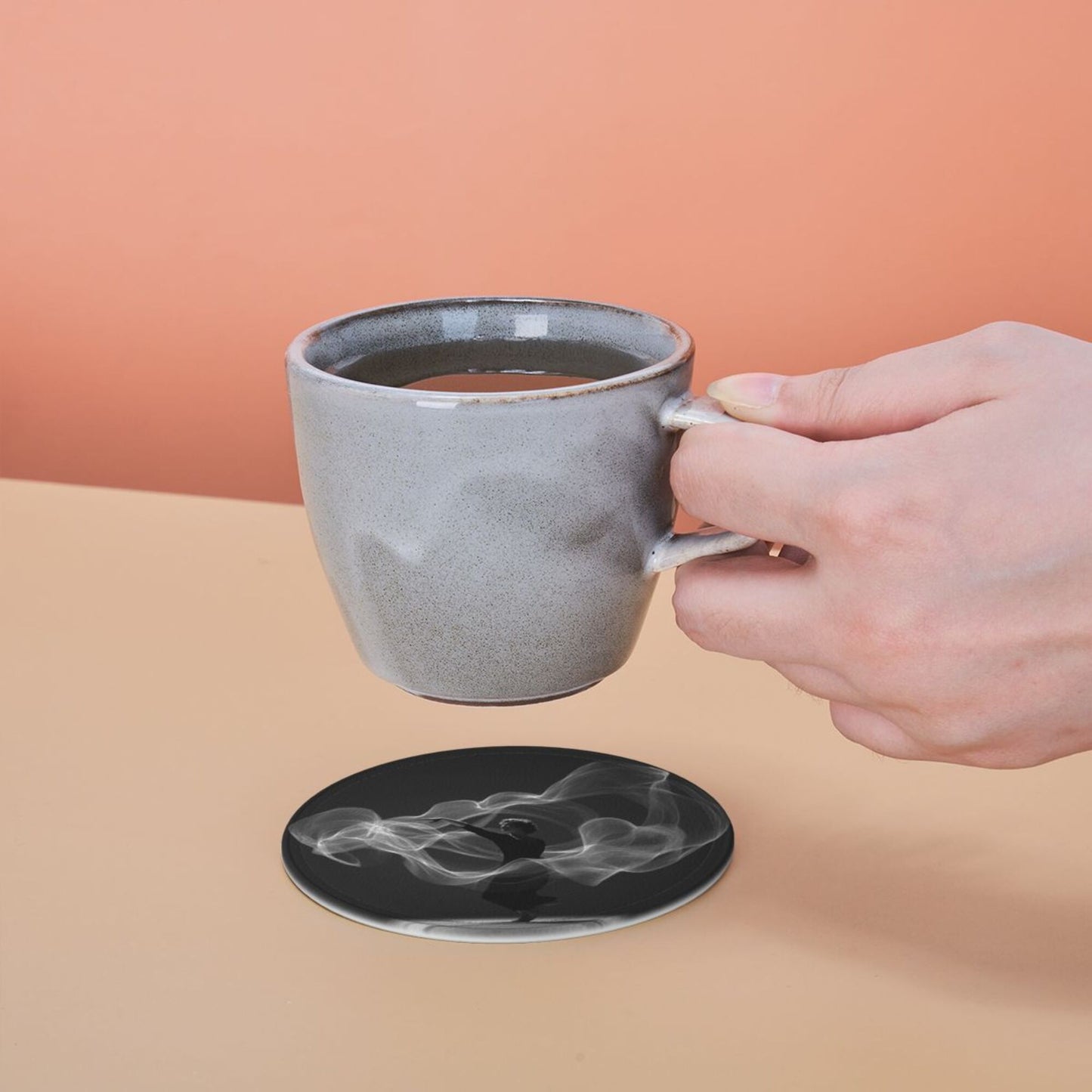 Artistic Smoke Dancer Round Leather Coaster Set - Creative Non - Slip Heat - Resistant Coasters (With Storage Tray, Diameter 10cm)