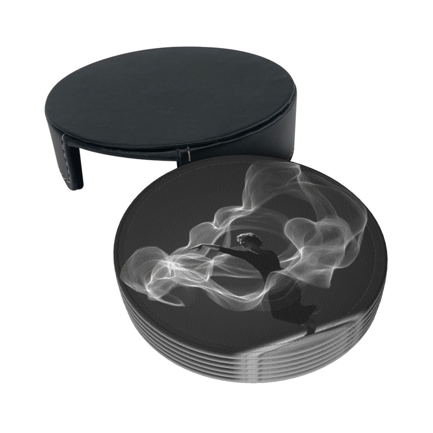 Artistic Smoke Dancer Round Leather Coaster Set - Creative Non - Slip Heat - Resistant Coasters (With Storage Tray, Diameter 10cm)