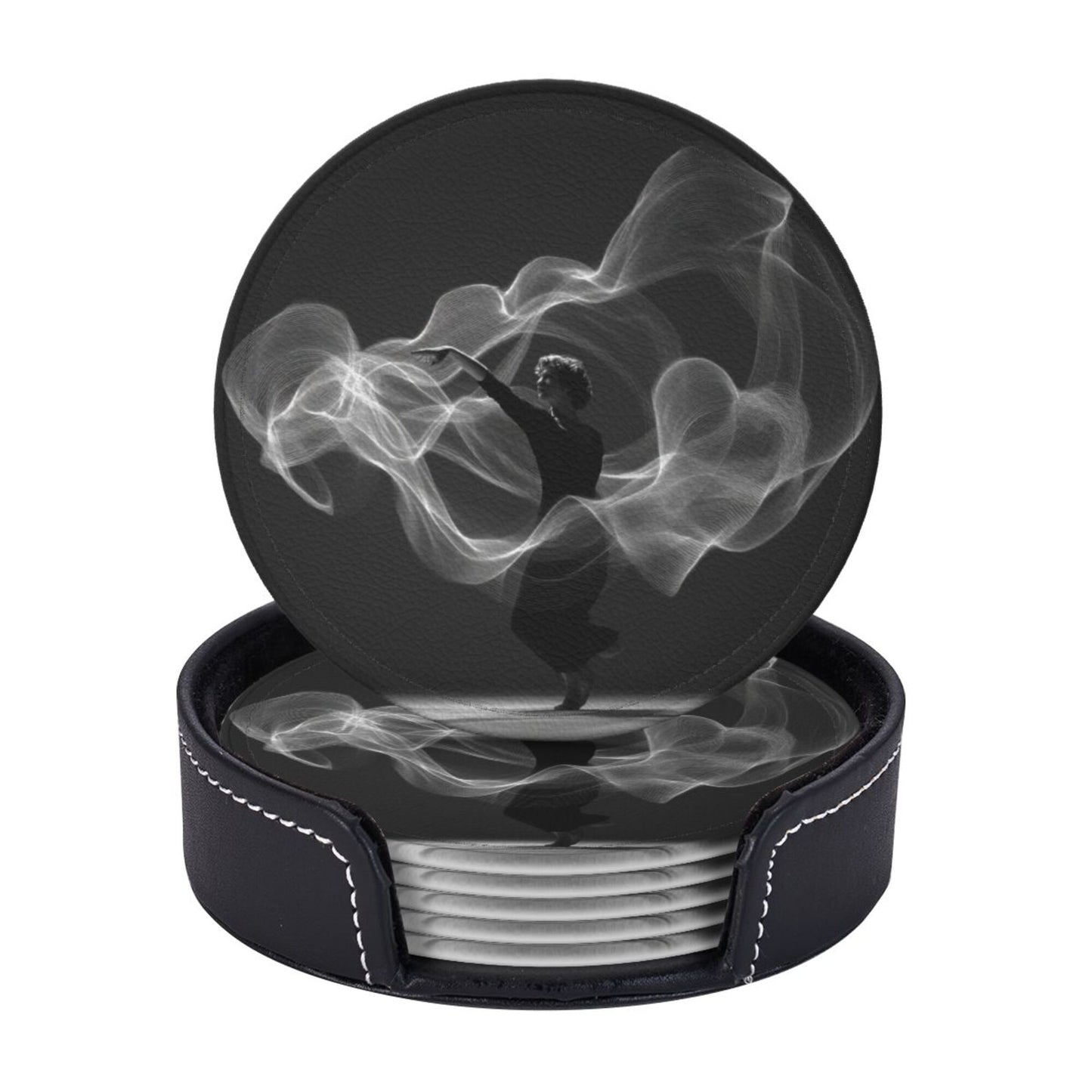 Artistic Smoke Dancer Round Leather Coaster Set - Creative Non - Slip Heat - Resistant Coasters (With Storage Tray, Diameter 10cm)