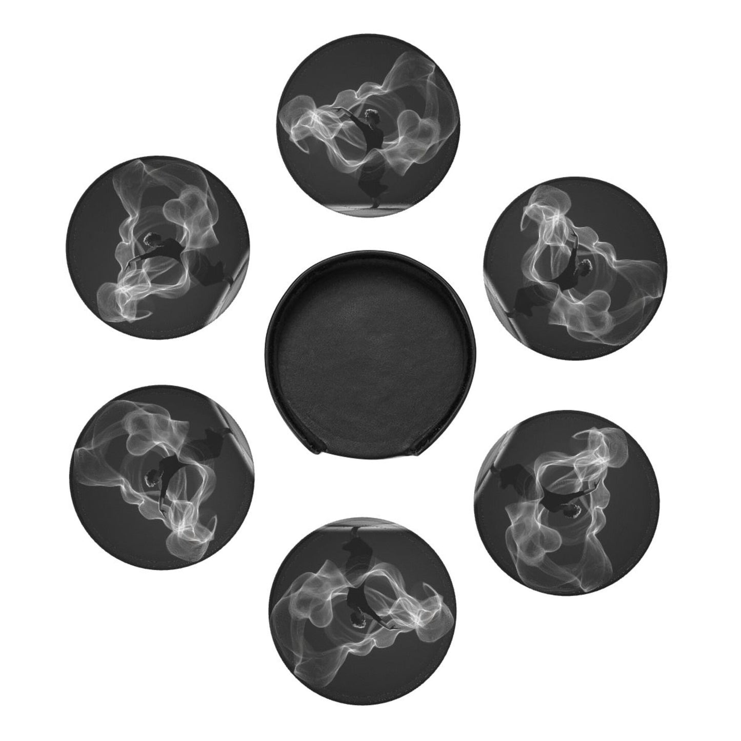 Artistic Smoke Dancer Round Leather Coaster Set - Creative Non - Slip Heat - Resistant Coasters (With Storage Tray, Diameter 10cm)