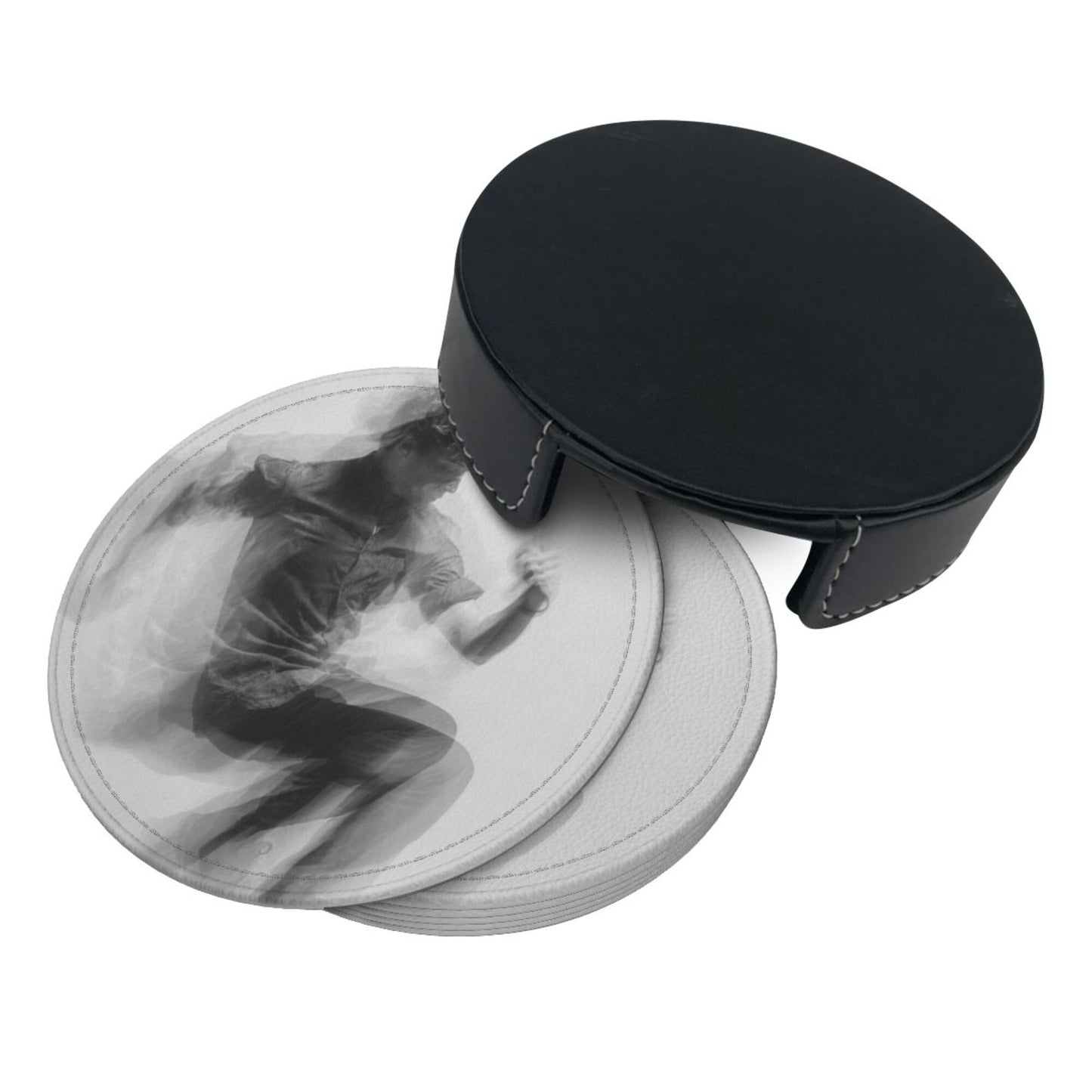 Dynamic Figure Silhouette Round Leather Coaster Set - Creative Non - Slip Heat - Resistant Coasters (With Storage Tray, Diameter 10cm)