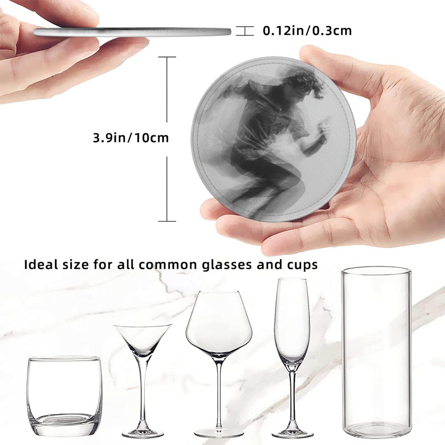 Dynamic Figure Silhouette Round Leather Coaster Set - Creative Non - Slip Heat - Resistant Coasters (With Storage Tray, Diameter 10cm)