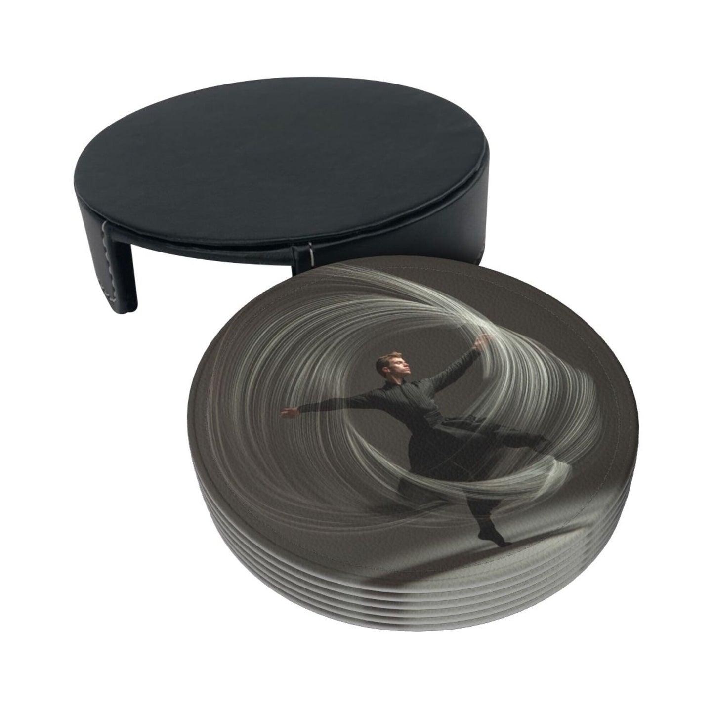 Artistic Dancer Round Leather Coaster Set - Creative Non - Slip Heat - Resistant Coasters (With Storage Tray, Diameter 10cm)