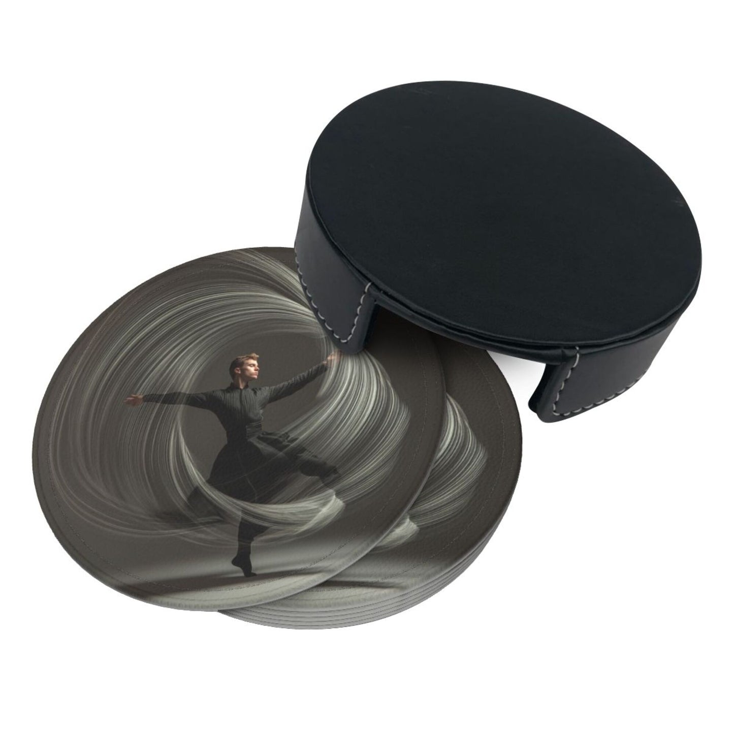 Artistic Dancer Round Leather Coaster Set - Creative Non - Slip Heat - Resistant Coasters (With Storage Tray, Diameter 10cm)