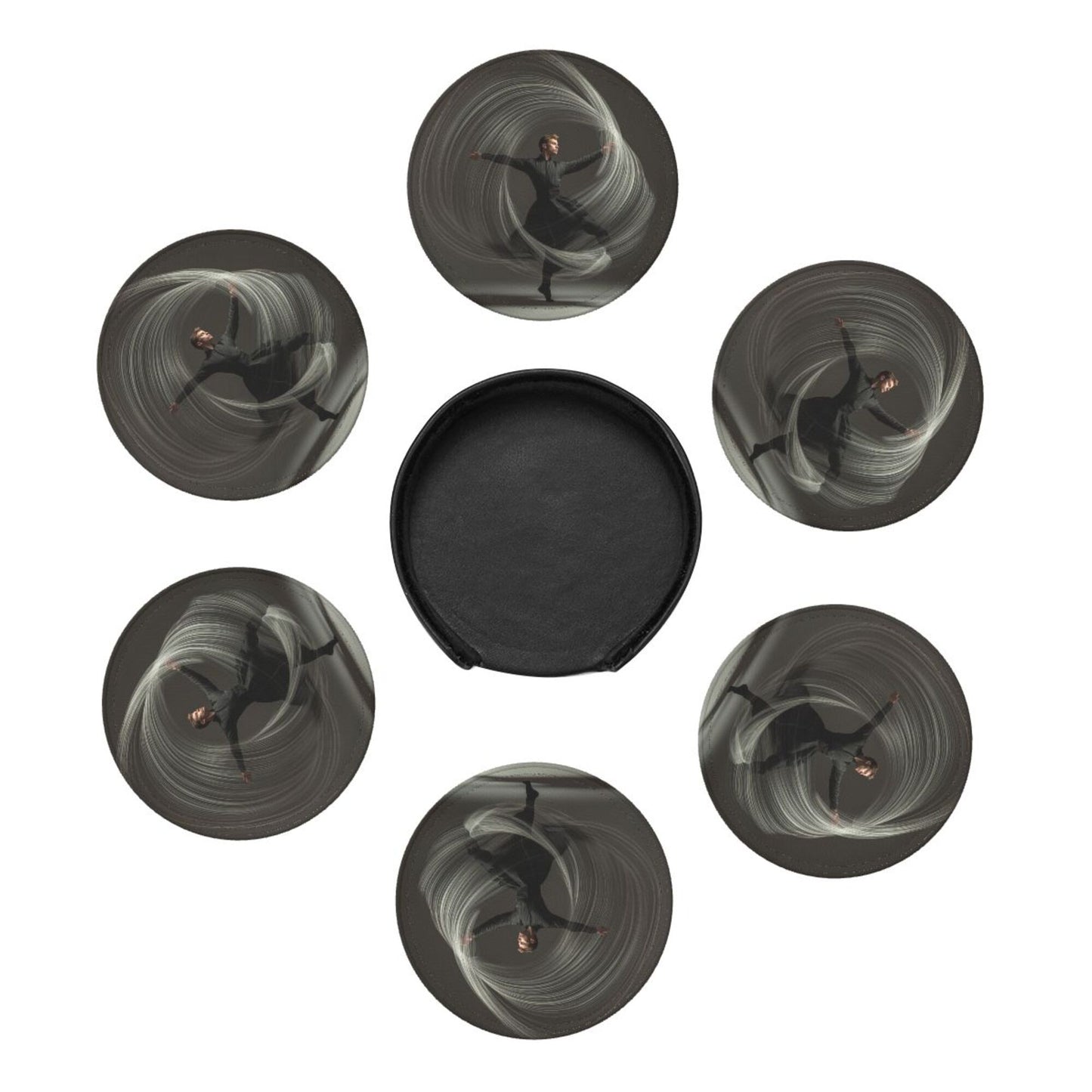 Artistic Dancer Round Leather Coaster Set - Creative Non - Slip Heat - Resistant Coasters (With Storage Tray, Diameter 10cm)