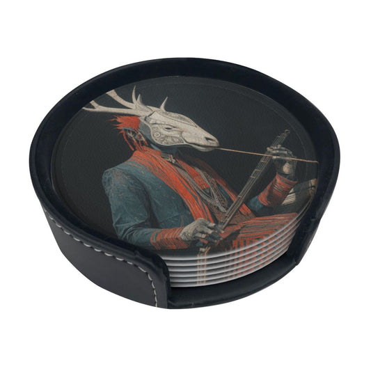 Artistic Deer - Head Figure Printed Round Leather Coasters (with Storage Tray, Size 10cm×0.3cm )