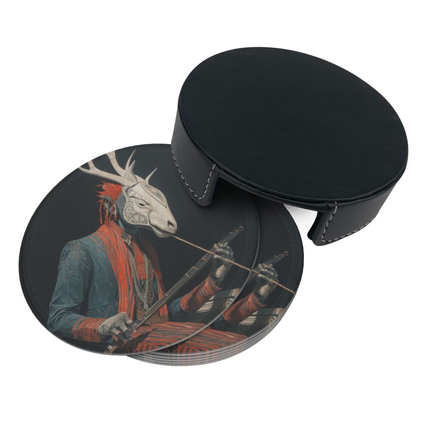 Artistic Deer - Head Figure Printed Round Leather Coasters (with Storage Tray, Size 10cm×0.3cm )