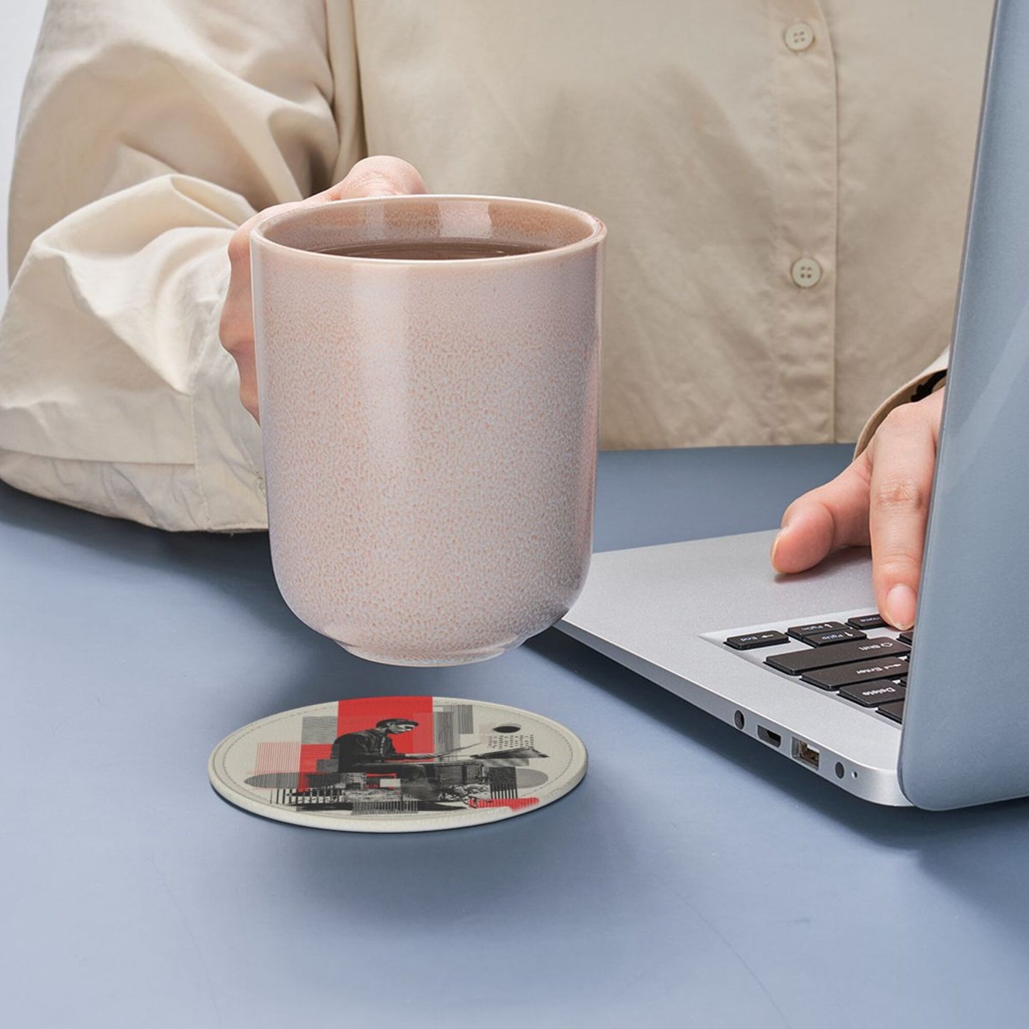 Artistic Illustration Round Leather Coaster Set (6 - Piece + Storage Tray, Size 10cm×0.3cm )