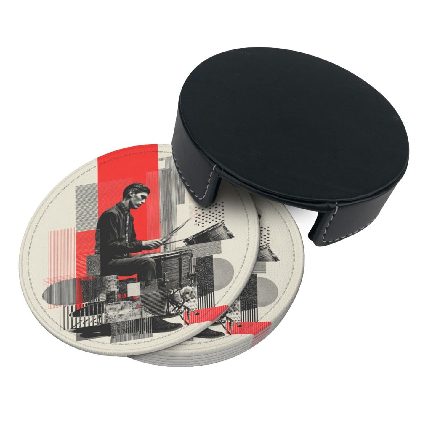 Artistic Illustration Round Leather Coaster Set (6 - Piece + Storage Tray, Size 10cm×0.3cm )