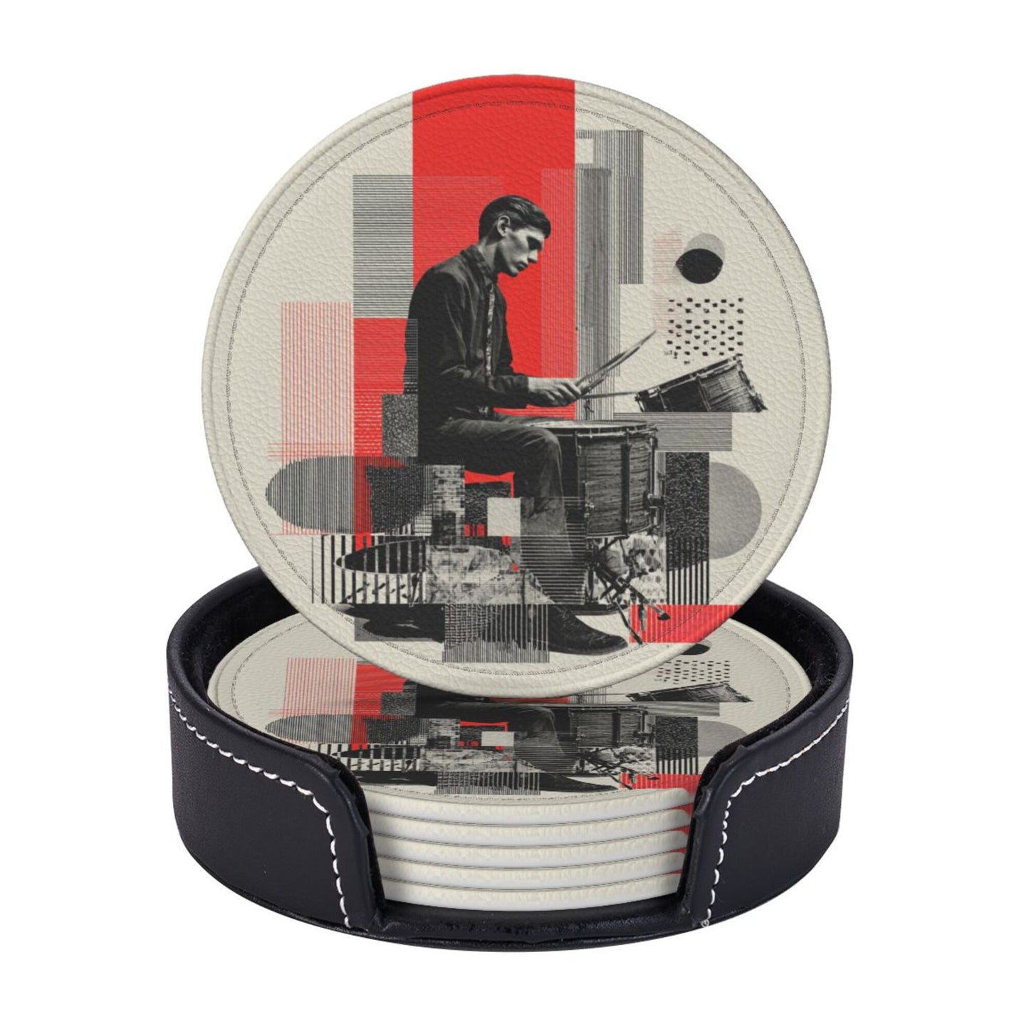 Artistic Illustration Round Leather Coaster Set (6 - Piece + Storage Tray, Size 10cm×0.3cm )