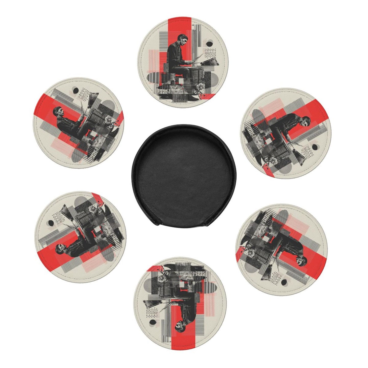 Artistic Illustration Round Leather Coaster Set (6 - Piece + Storage Tray, Size 10cm×0.3cm )